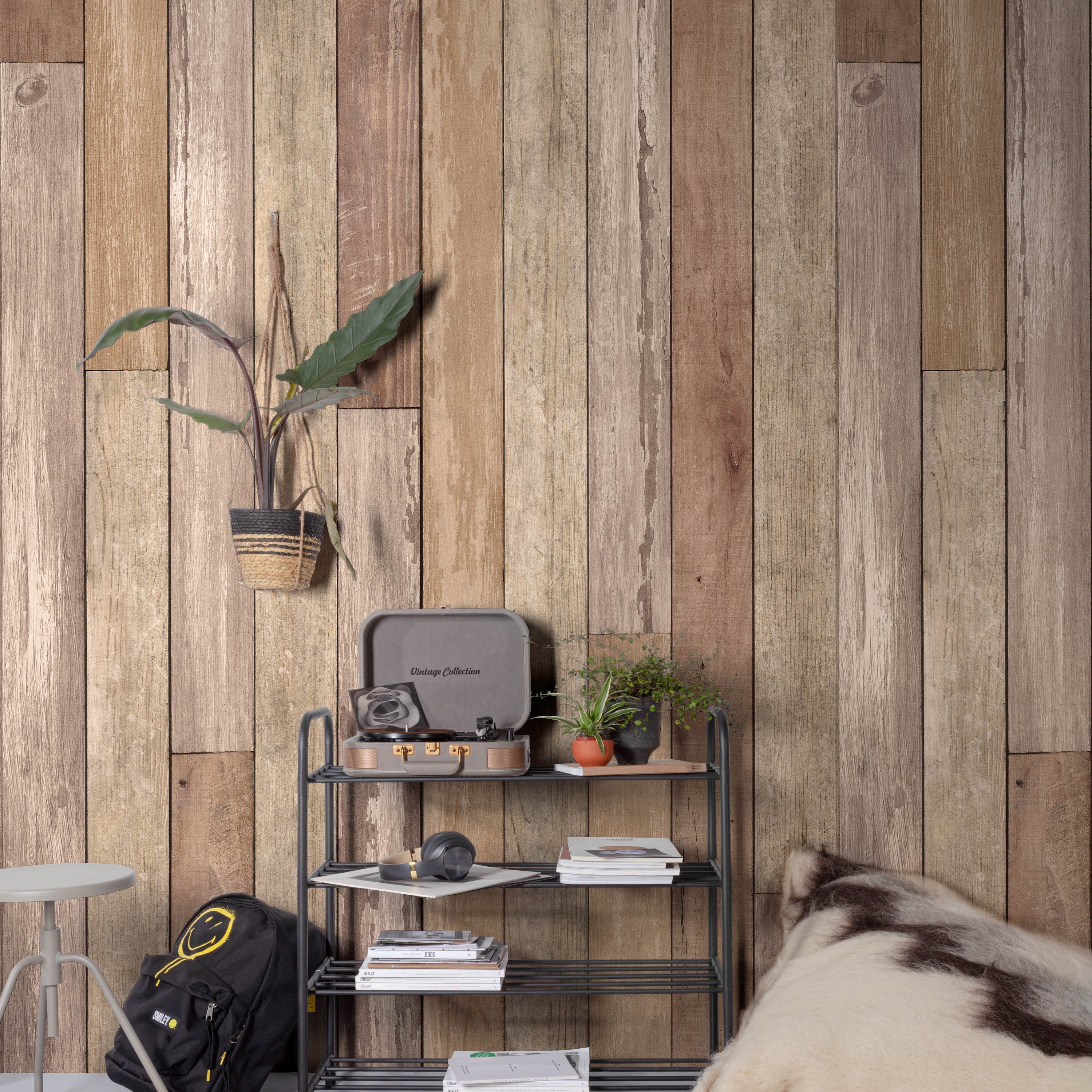 Grandeco Beach House 3 lane Repeatable Textured Wallpaper Mural  - Oak