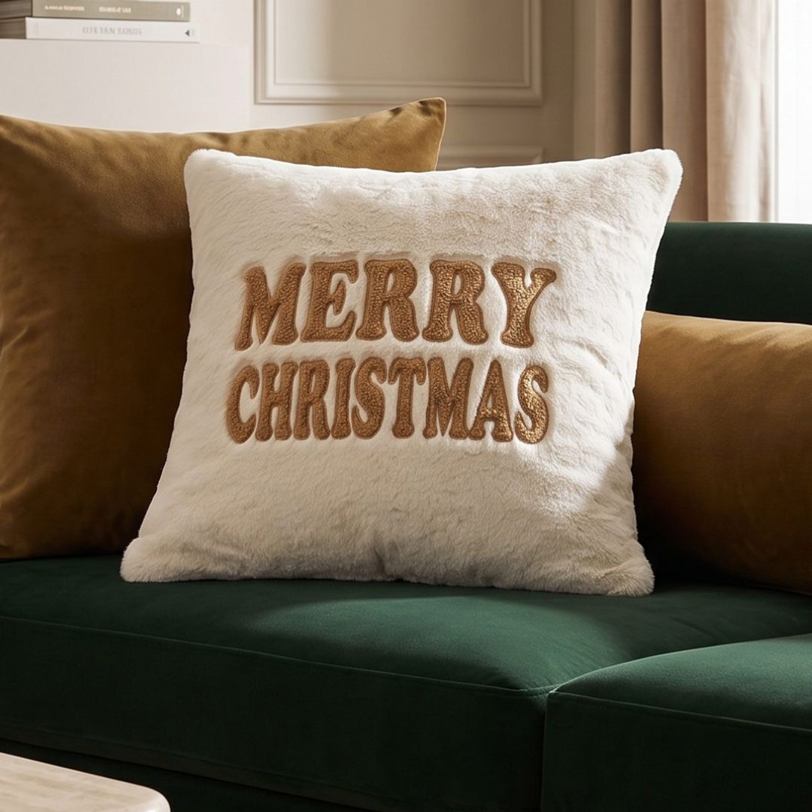 Homescapes Festive Faux Fur Cushion – Embroidered Holiday Greeting