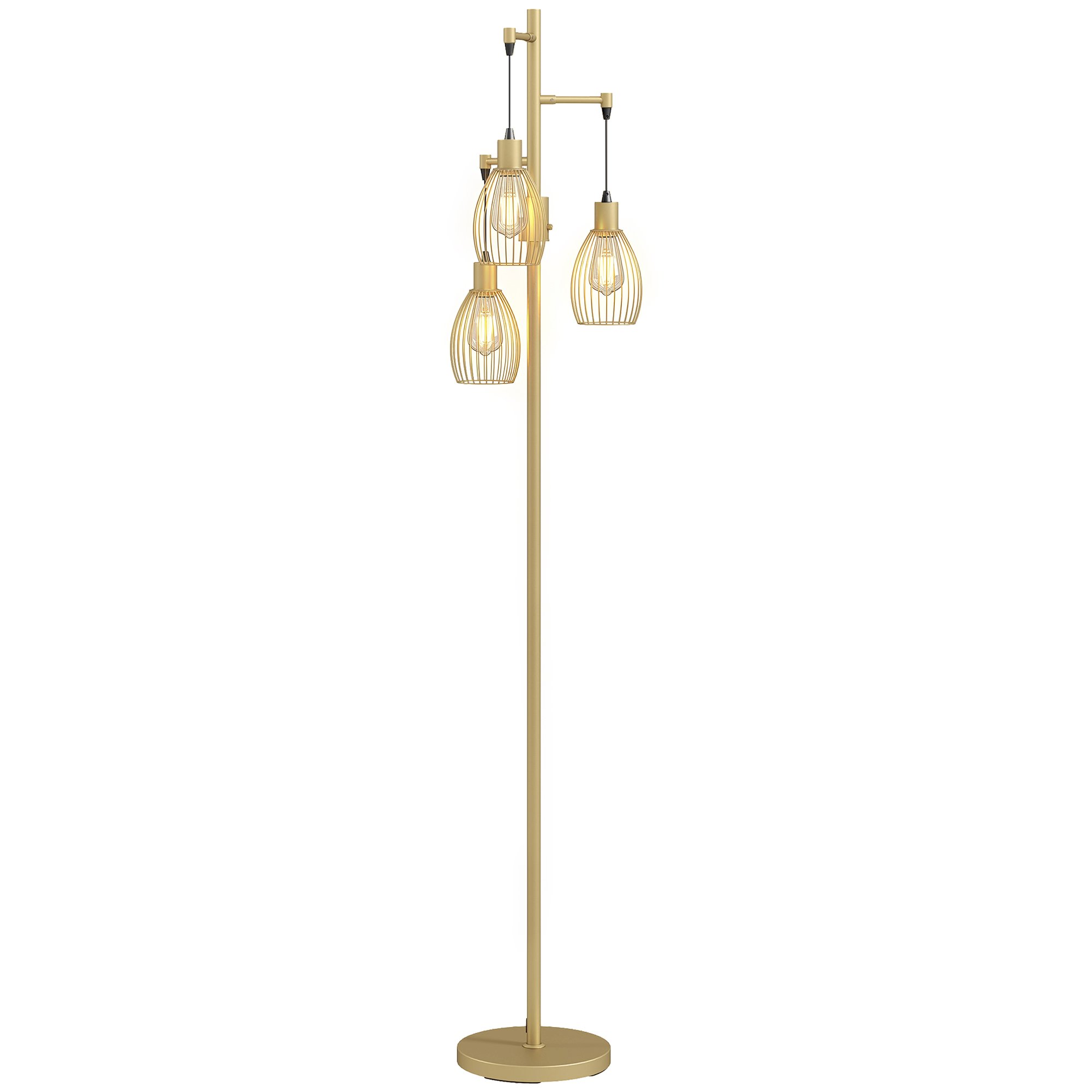 HOMCOM 3 Light LED Floor Lamp with Steel Wire Cage Lampshades - Gold Tone