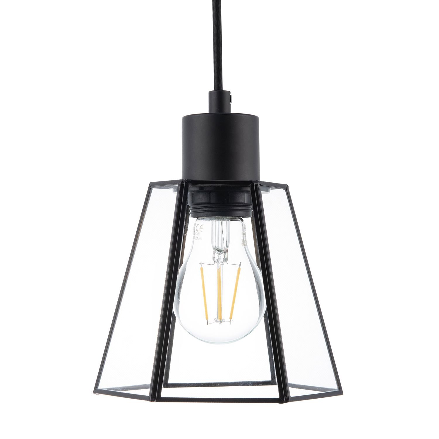Happy Homewares Black Industrial Hexagonal with Clear Pendant Shade - 16cm