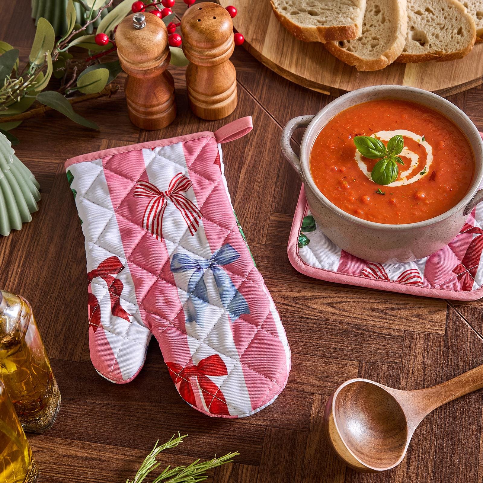 OHS Multi Bow Stripe Oven Mit & Pot Stand Set - Pink/White