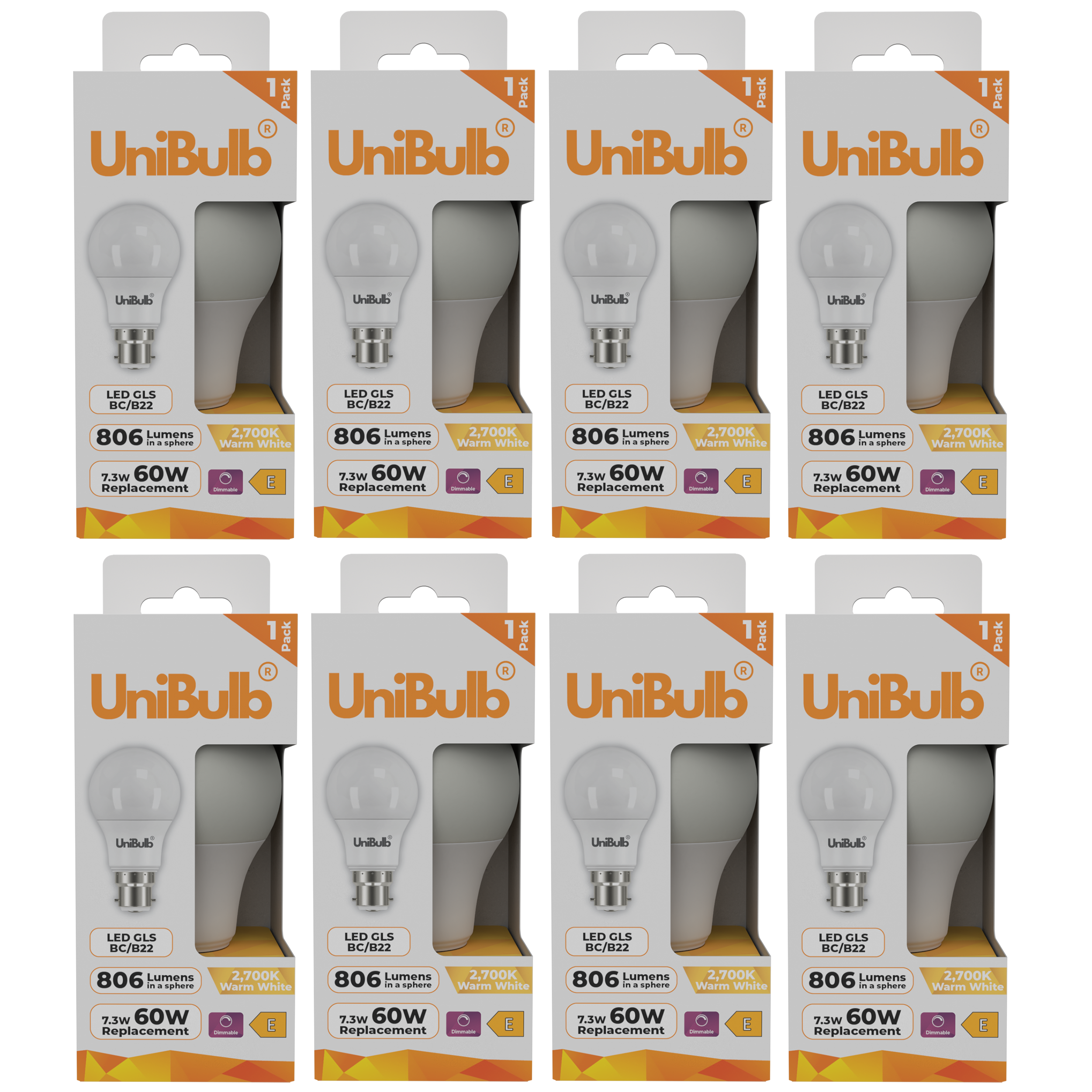 UniBulb 7.3W LED Warm White Dimmable GLS B22 Light Bulb - Pack of 8