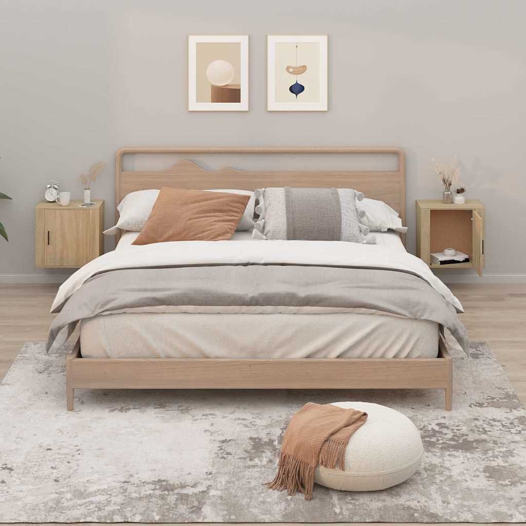 Walplus Pack of 2 Wall Mounted Bedside Cabinet - Light Oak - 50 x 30 x 47 cm
