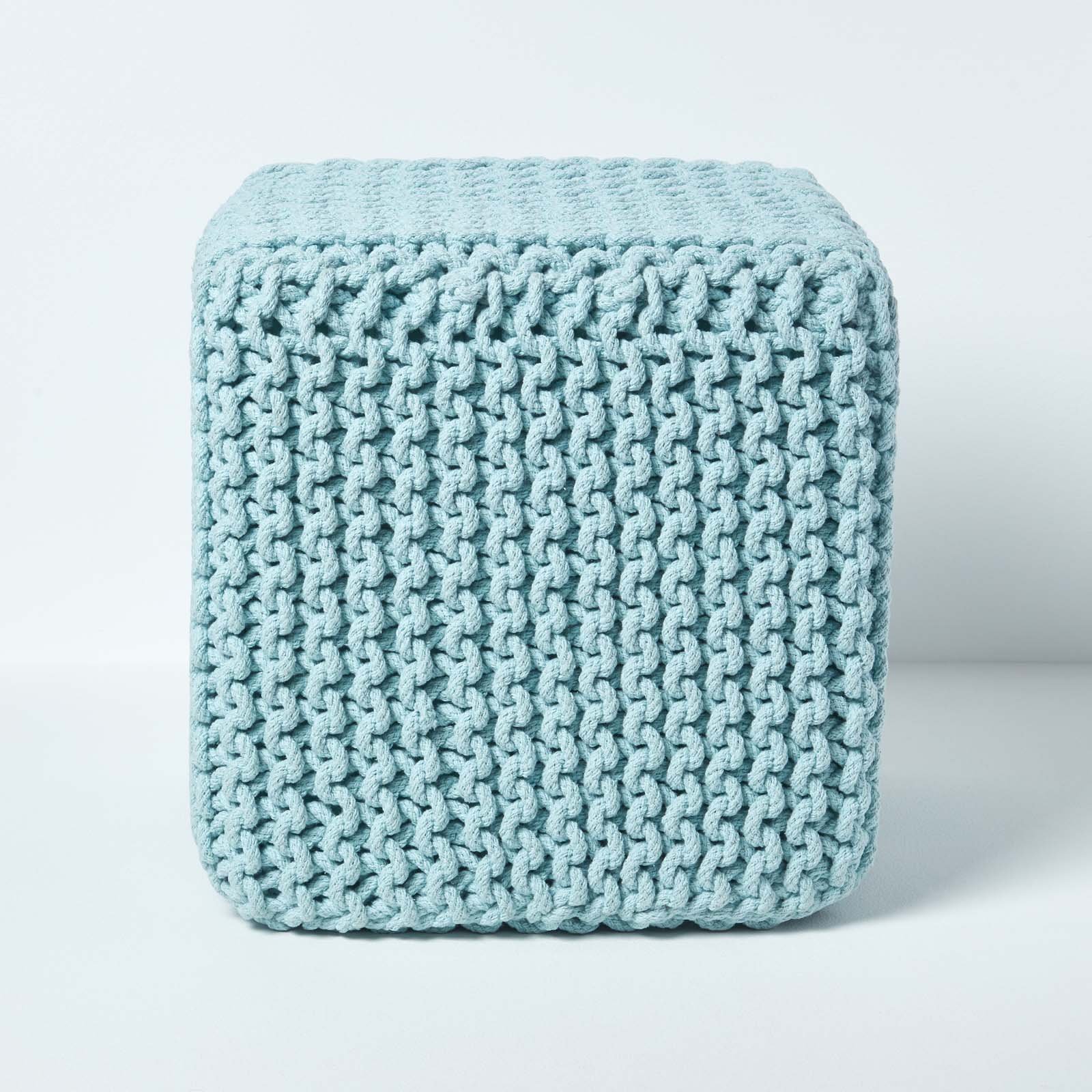 Homescapes Cube Cotton Knitted Pouffe Footstool – Duck Egg Blue
