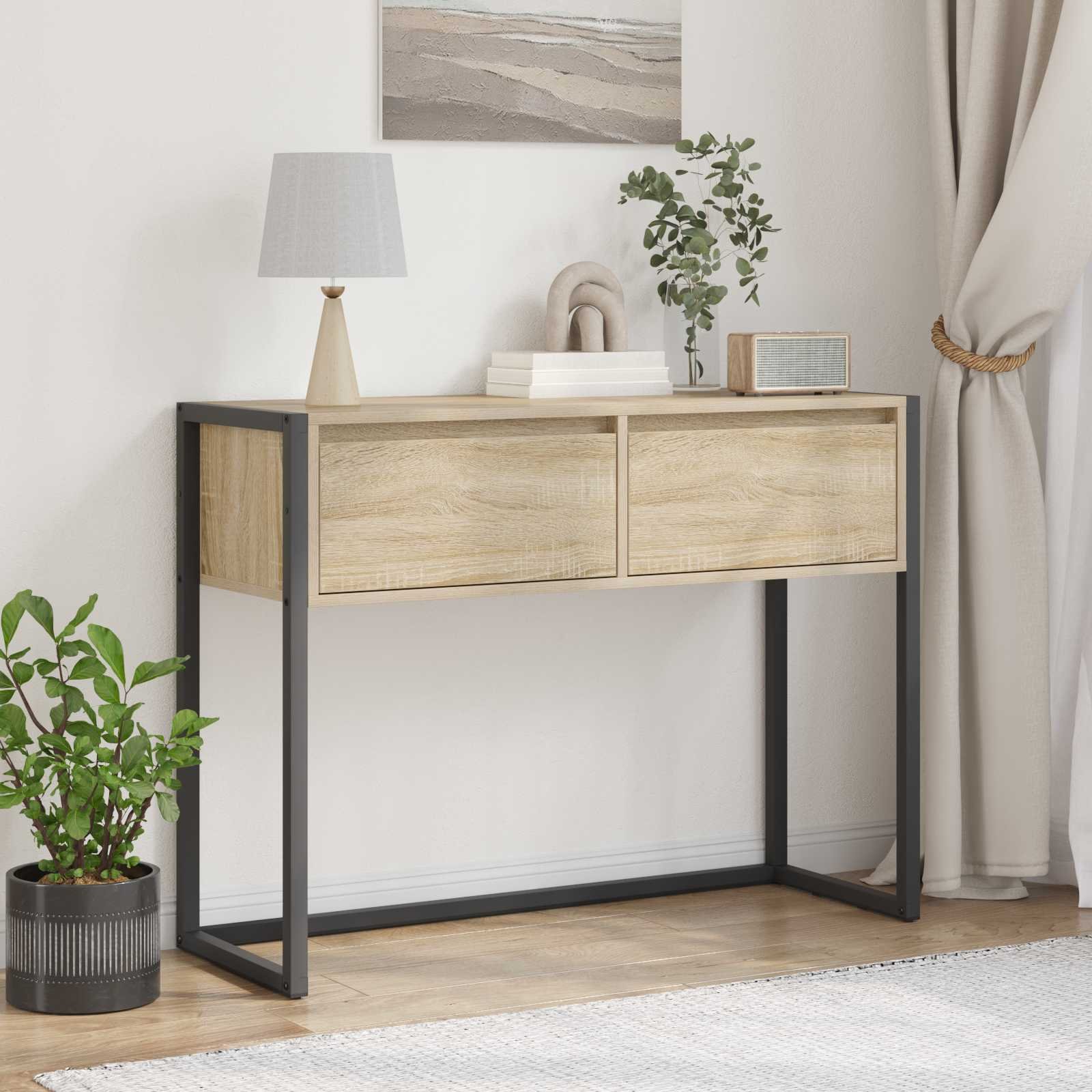 Walplus 2 Drawer Engineered Wood End Table - Light Oak - 100 x 36 x 75 cm