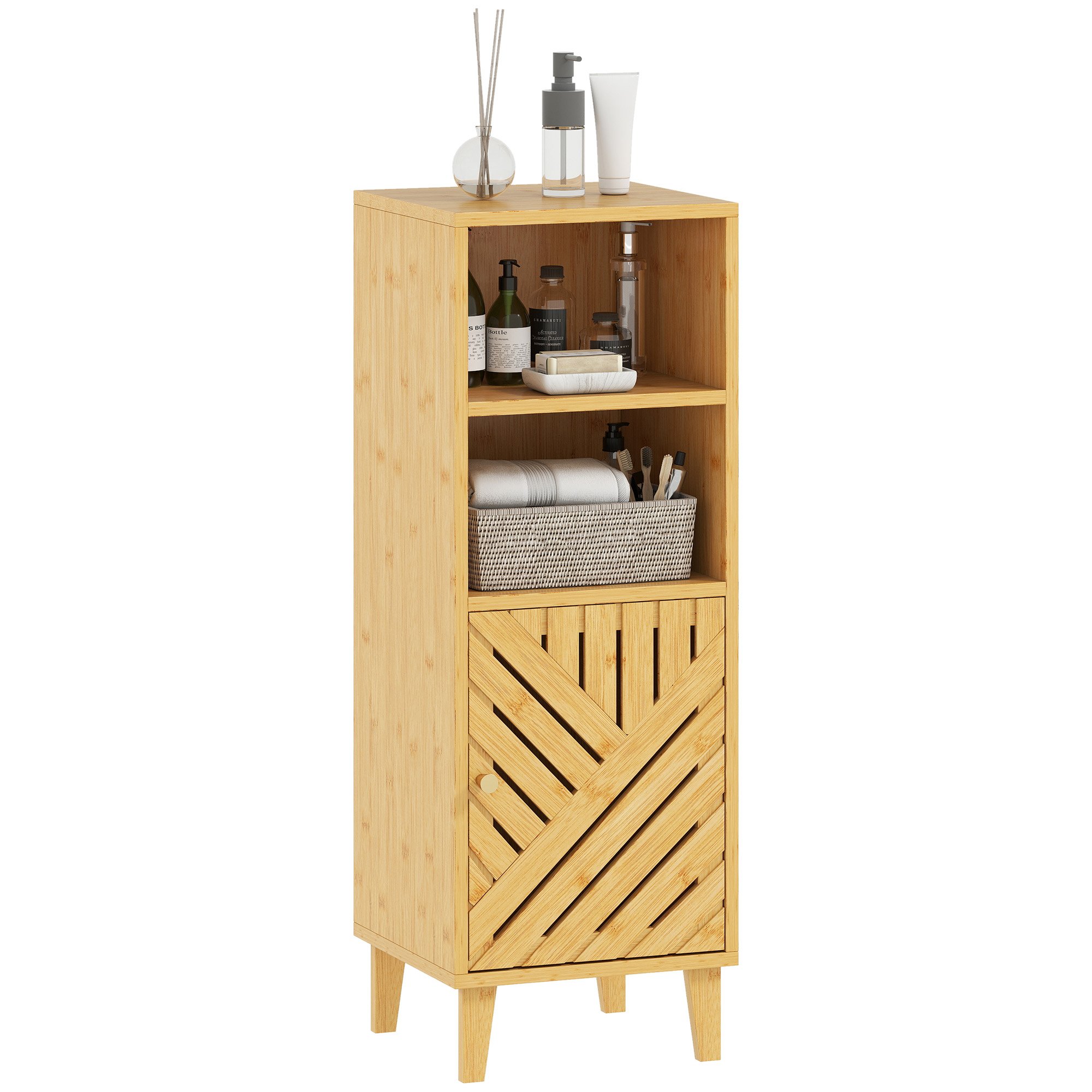HOMCOM Bathroom Cabinet with Bamboo Doors and Legs - Natural Wood