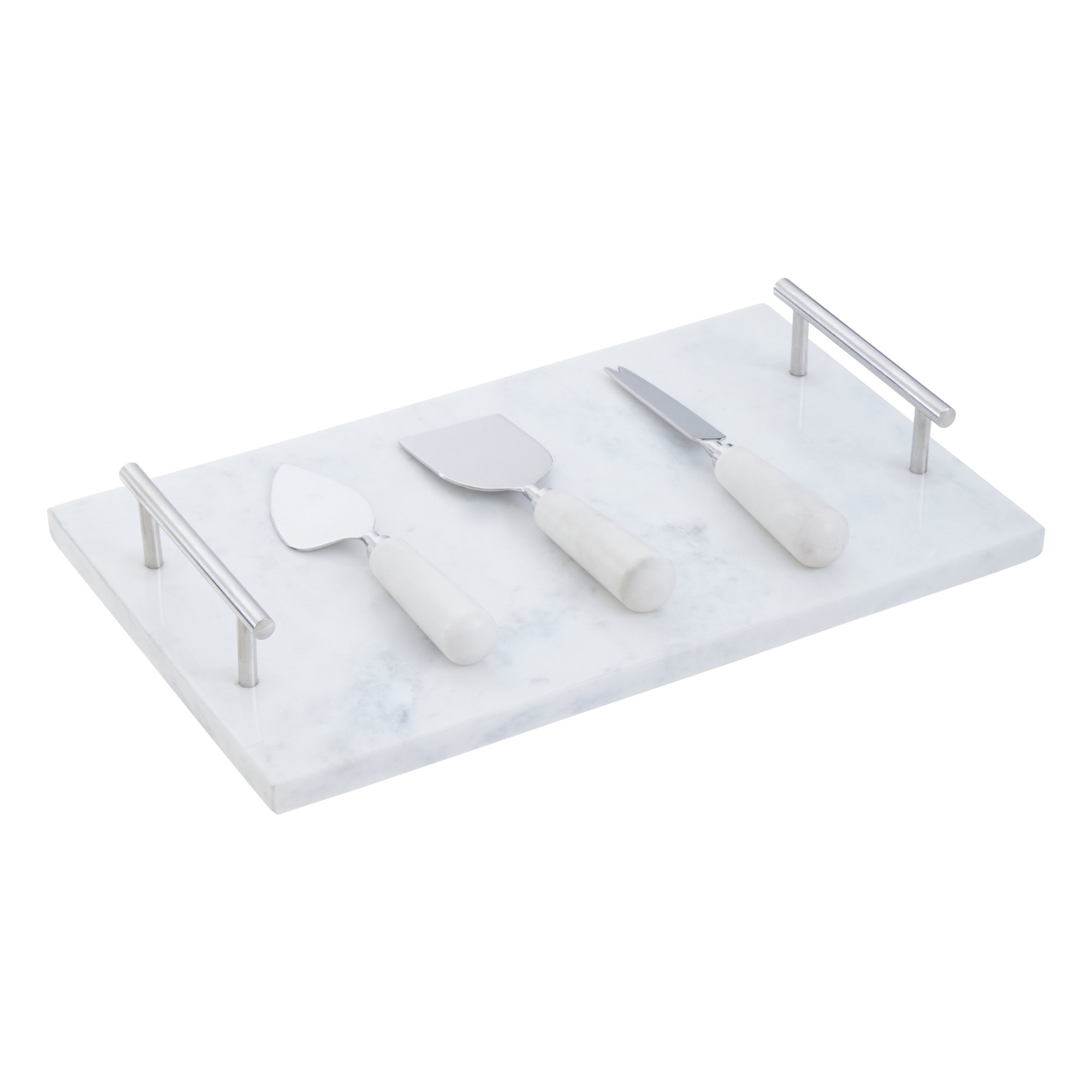 Orsina Marina White Marble Cheese Board with 3 Cheese Tools – White and Silver
