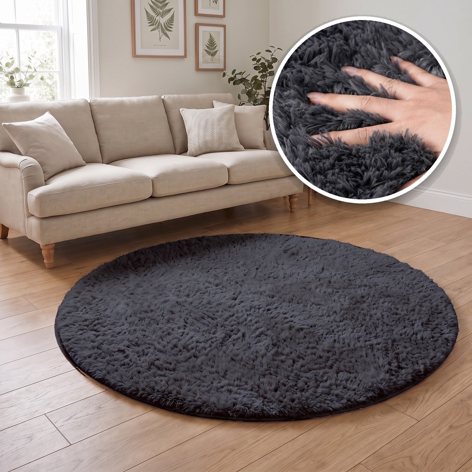 The Rugs Dark Grey Lush Plain Washable Non Slip Shaggy Round Rug - 80cm