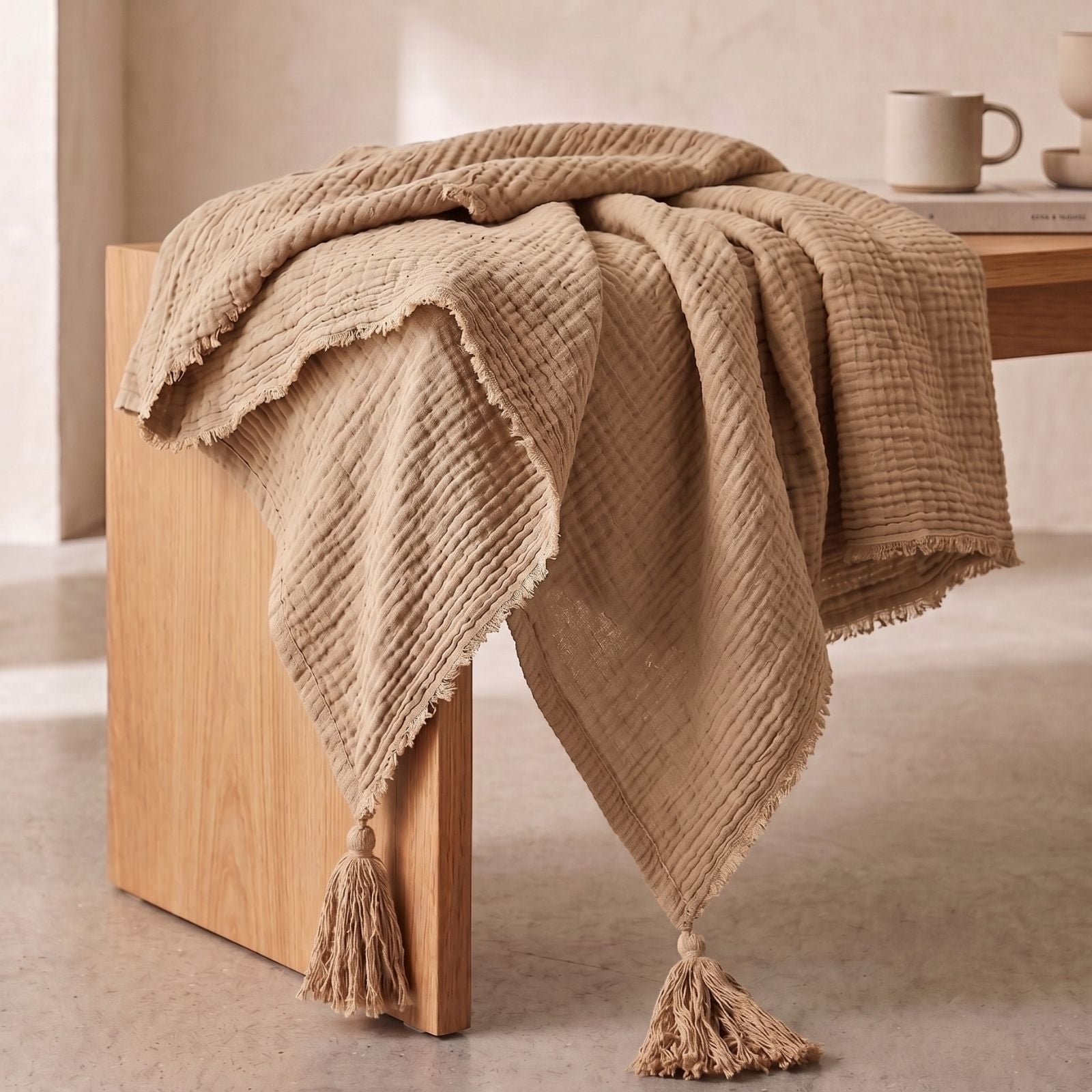 Homescapes Pure Handmade Cotton Muslin Throw - 127 x 180 cm - Mocha