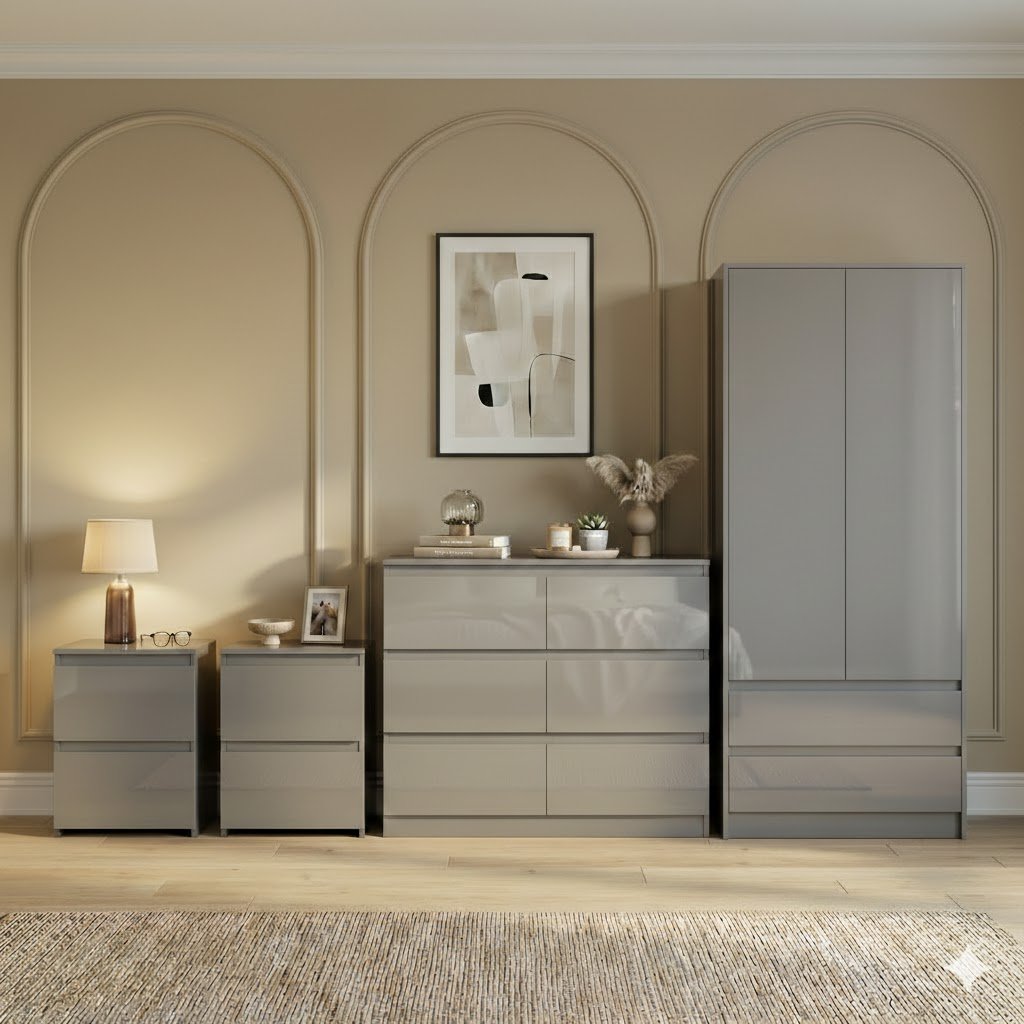 Vida Designs Glinton Bedroom Set (2x Bedside, 6 Drawer Chest, Wardrobe) - Grey