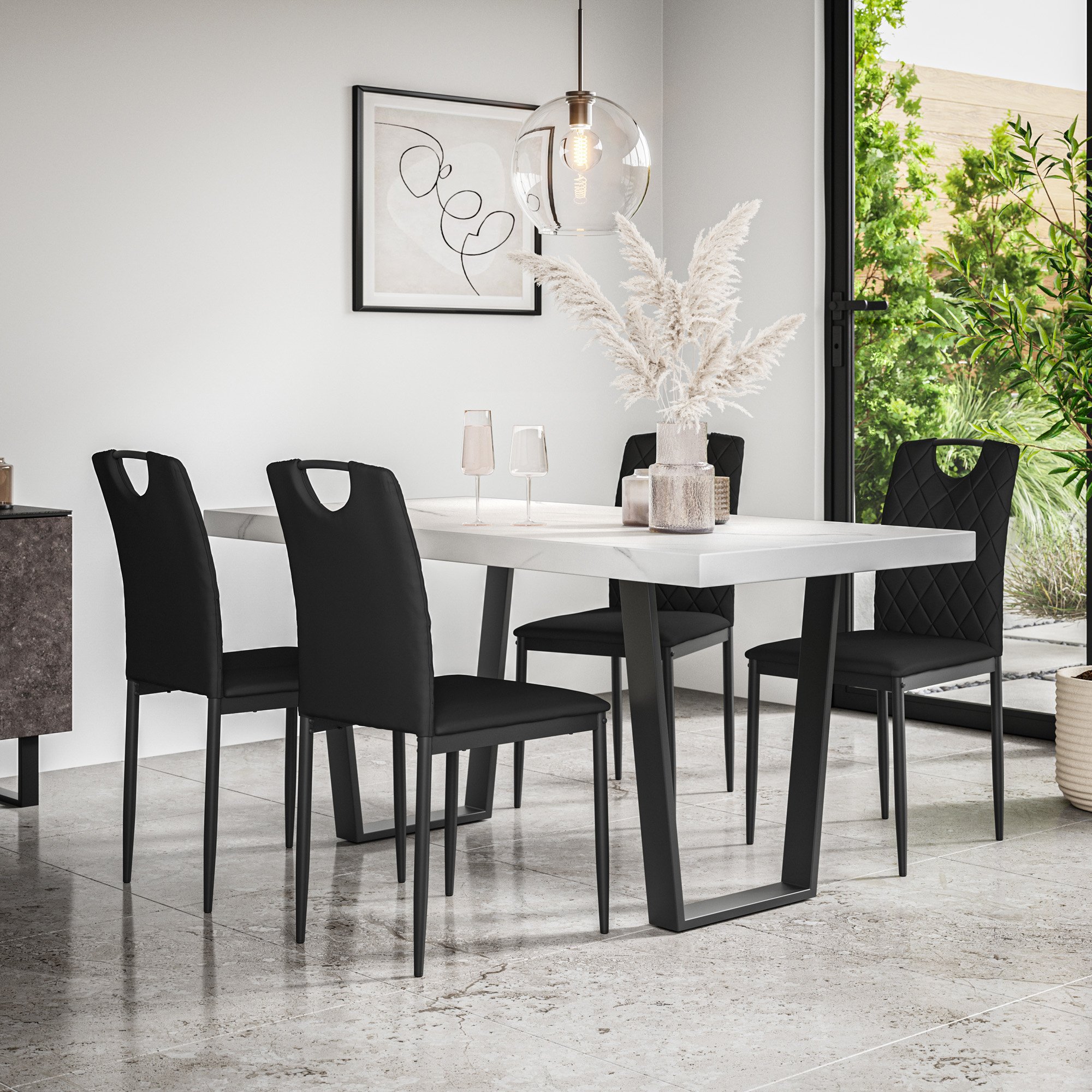 Furniture Online Aria Monza Marble Effect Dining Table & 6 Black Chairs