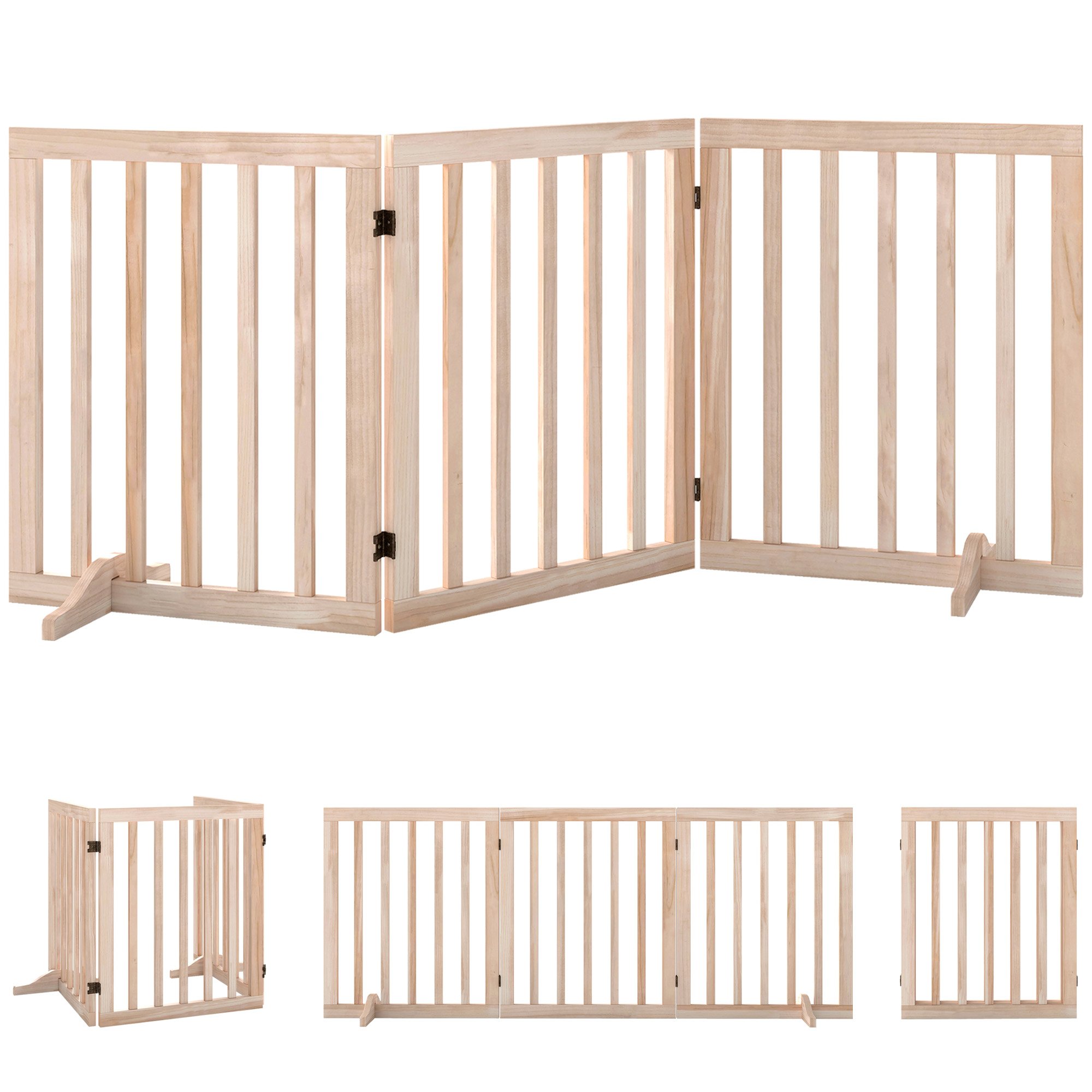 PawHut 3-Panel Pine Freestanding Foldable Dog Gate - 61cm - Natural