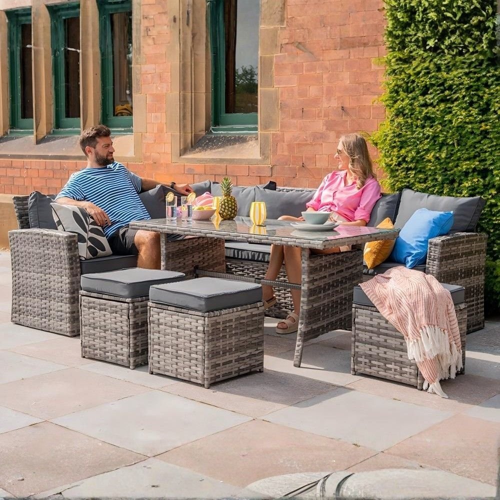 Furniture Maxi Rosen Metal Frame 9 Seater Dining Set with Parasol Hole - Grey