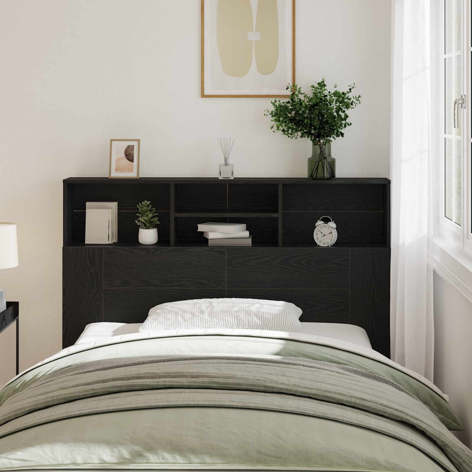 Walplus Engineered Wood Headboard Cabinet - Black Ash - 140 x 19 x 103.5 cm