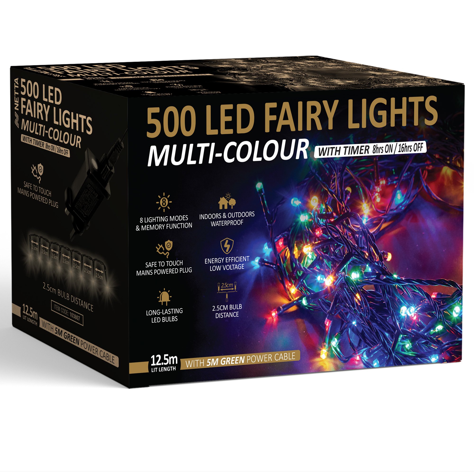 NETTA 500 LED 12.5m Christmas Fairy String Lights with Timer - Multicolour