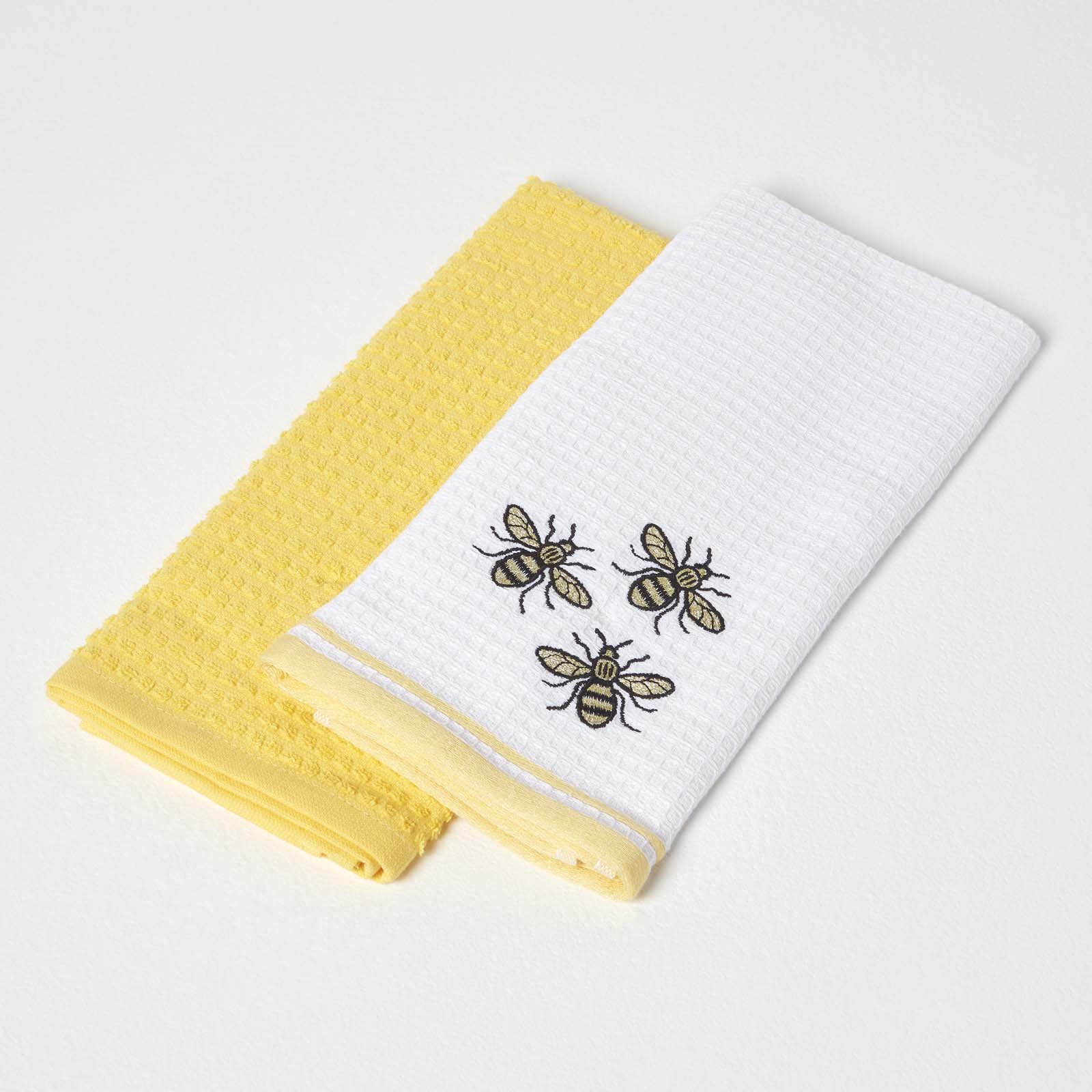 Homescapes Pack of 2 Bumble-Bee Waffle Cotton Tea Towels - Yellow