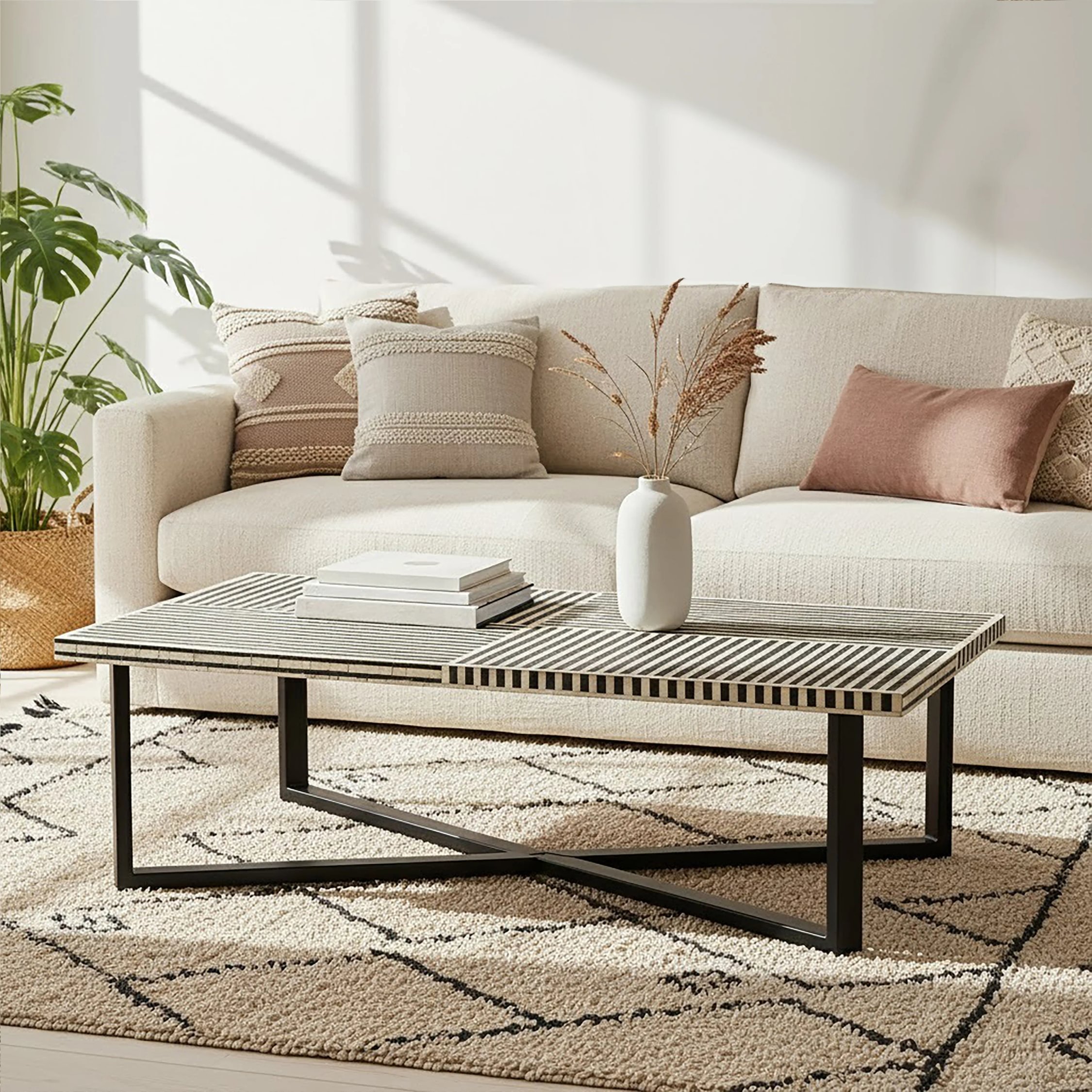 Orsina Rattan Bone Inlay Coffee Table - Black and White