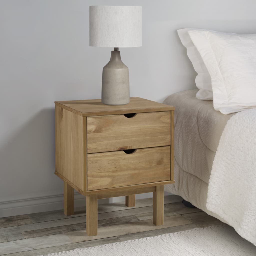 Walplus 2 Drawer Solid Pine Wood Bedside Cabinet - Brown - 45 x 39 x 57 cm