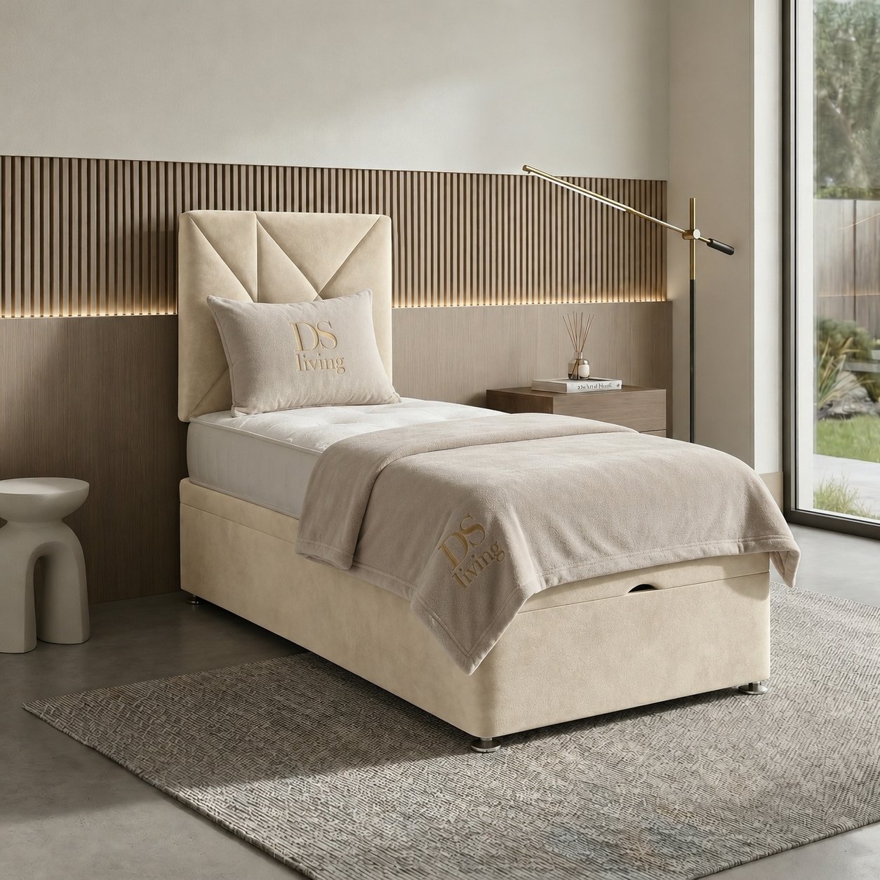 DS Living Eclipse Single Velvet Ottoman Bed Frame - Cream