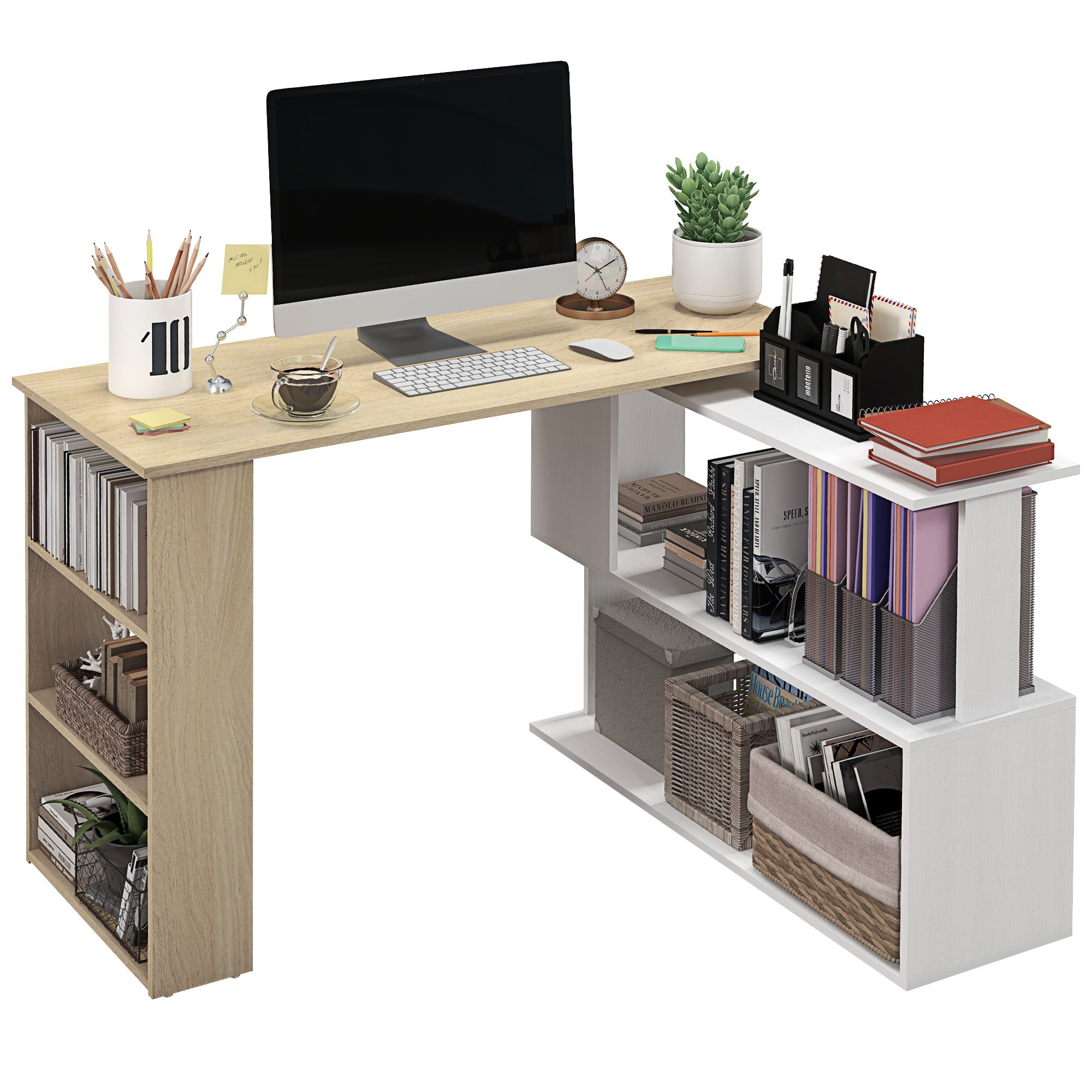 HOMCOM Corner L Shaped Desk Computer Desk - Natural and White