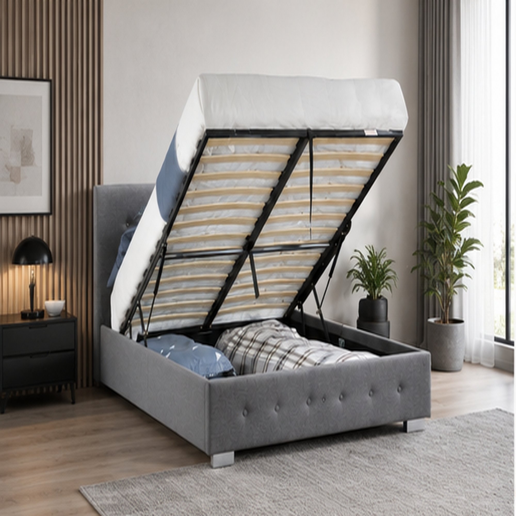 Home Treats Double 4ft6 Button Ottoman Bed With Mattress - Grey