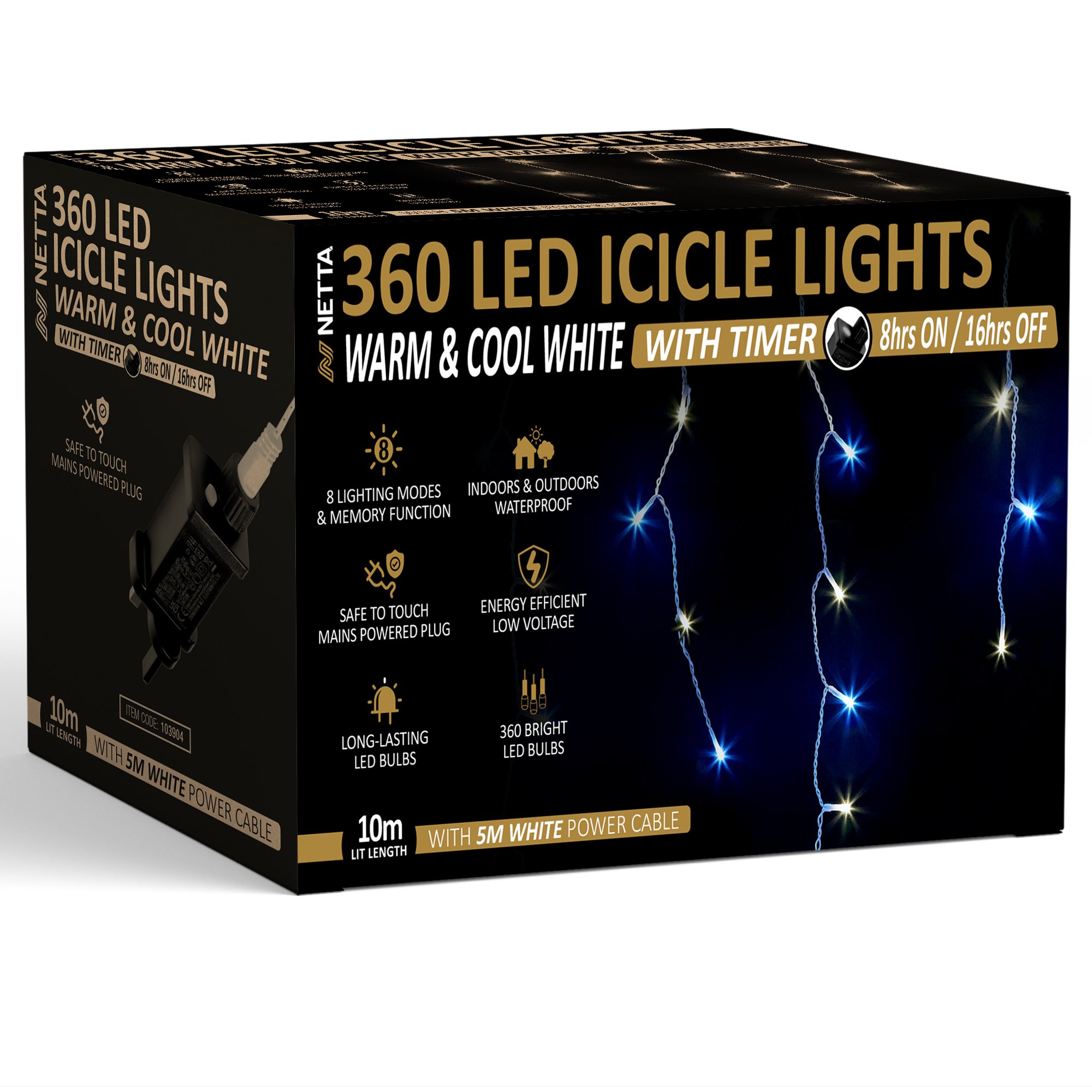 NETTA 10m 360 LED Outdoor Icicle Christmas Lights with Timer - Warm Cool