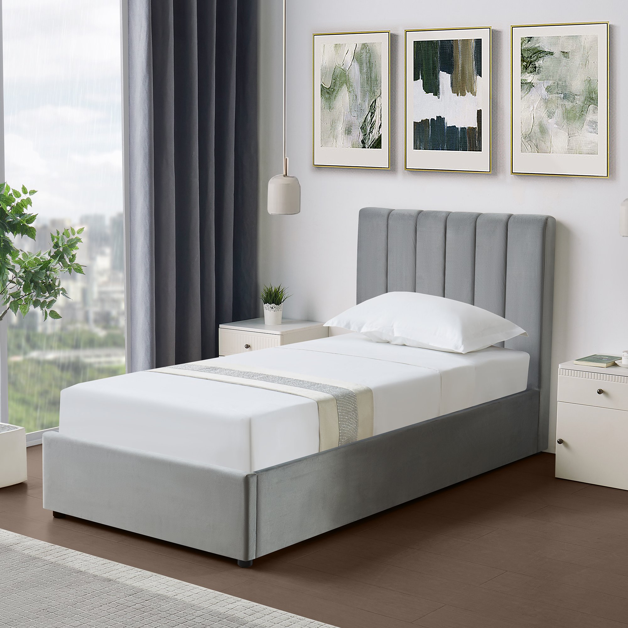 Artemis Home Corwin Grey Velvet 90cm Single Ottoman Storage Bed - Grey