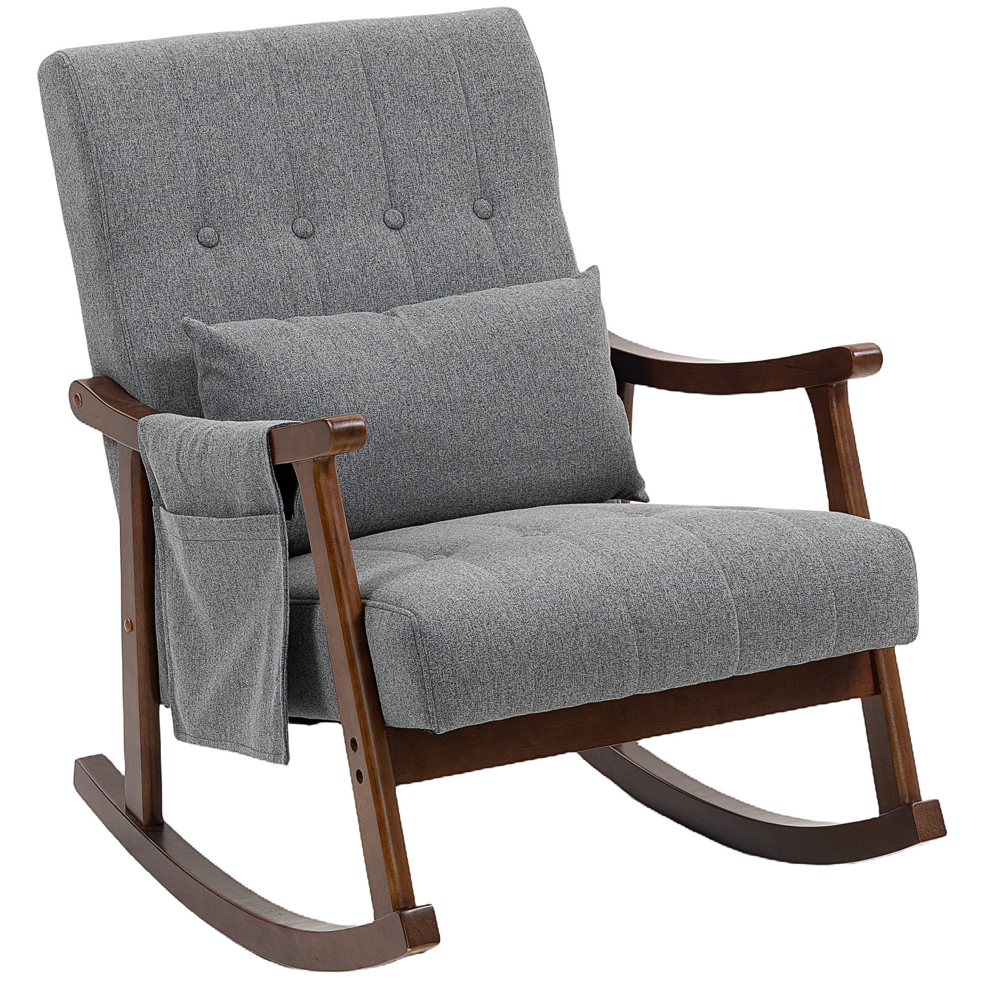 HOMCOM Upholstered Rocking Armchair with Lumbar Pillow and Side Pocket - Grey