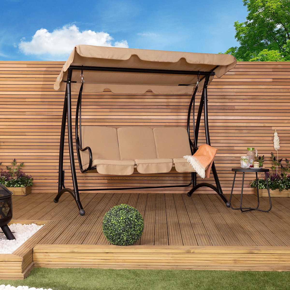 Charles Bentley 3 Seater Premium Outdoor Swing Seat Bench Chair - Beige