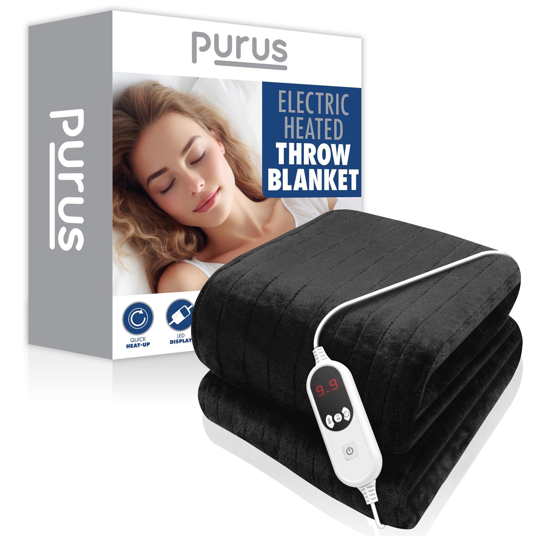 Purus XL 180 x 130cm Microfleece Polyester Electric Heated Throw Blanket - Black