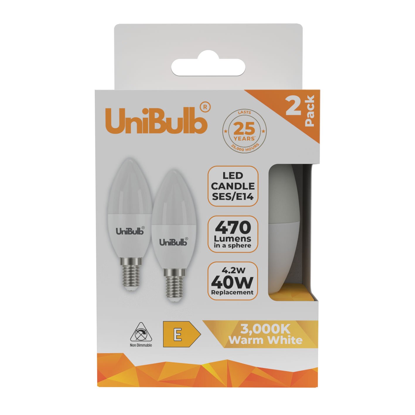UniBulb 4.2W LED Warm White Candle E14 Light Bulb - 2 Pack