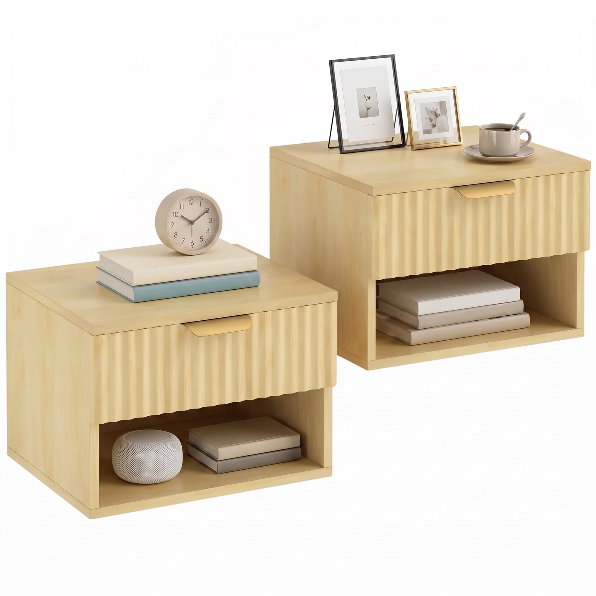 HOMCOM Set of 2 Floating Nightstands with Fluted Drawer and Open Shelf - Oak