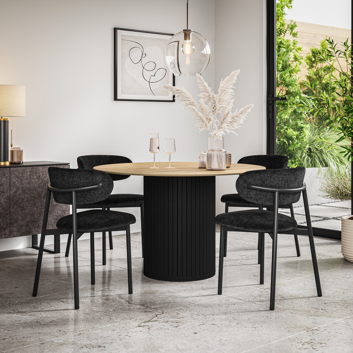 Furniture Online Arlo Myla Oak Top w Blk Legs Dining Table & 6 Black Chairs
