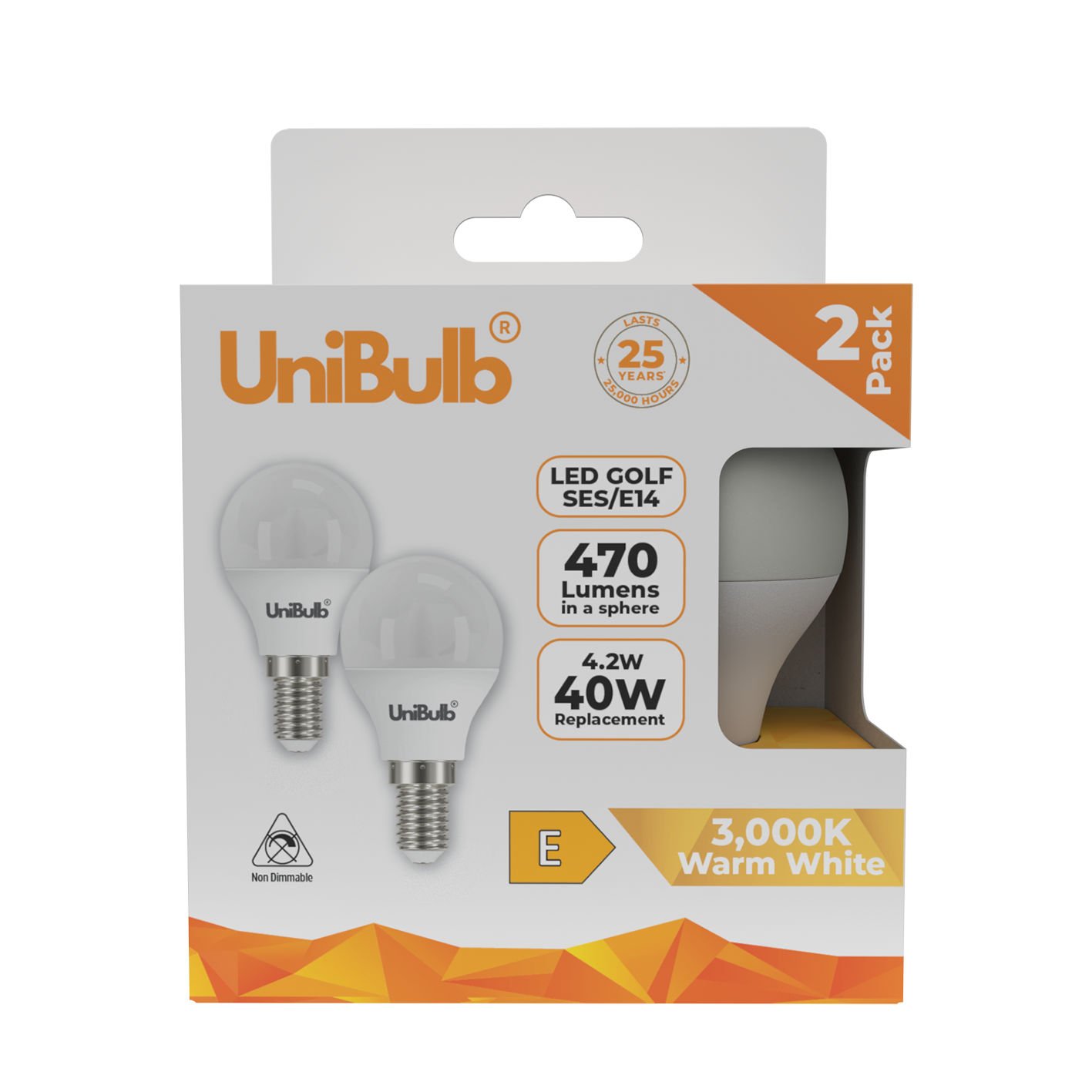 UniBulb 4.2W LED Warm White Golf Ball E14 Light Bulb - 2 Pack