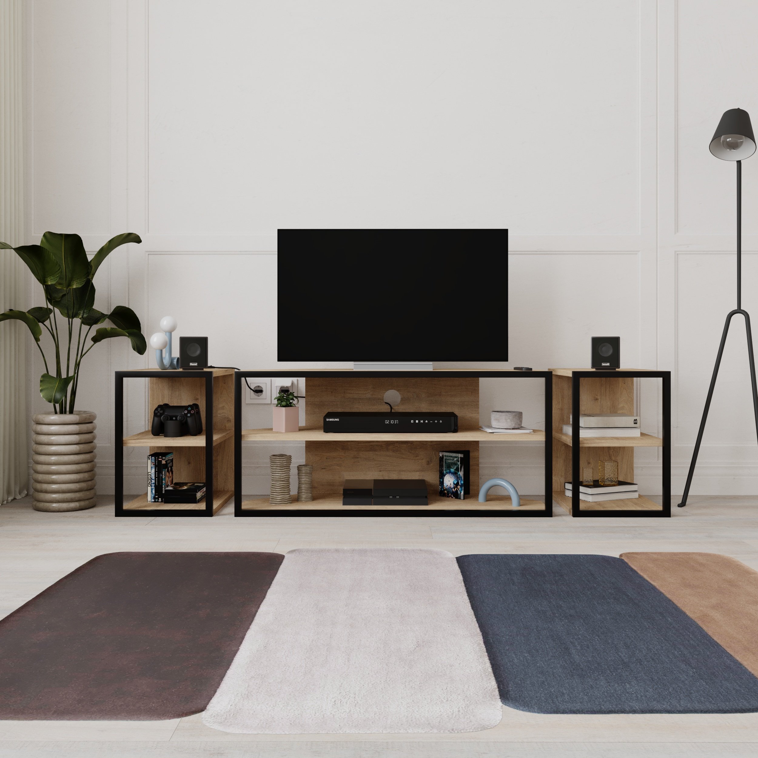 Decortie Echo 3 Piece TV Unit Set with Metal Frame - Oak