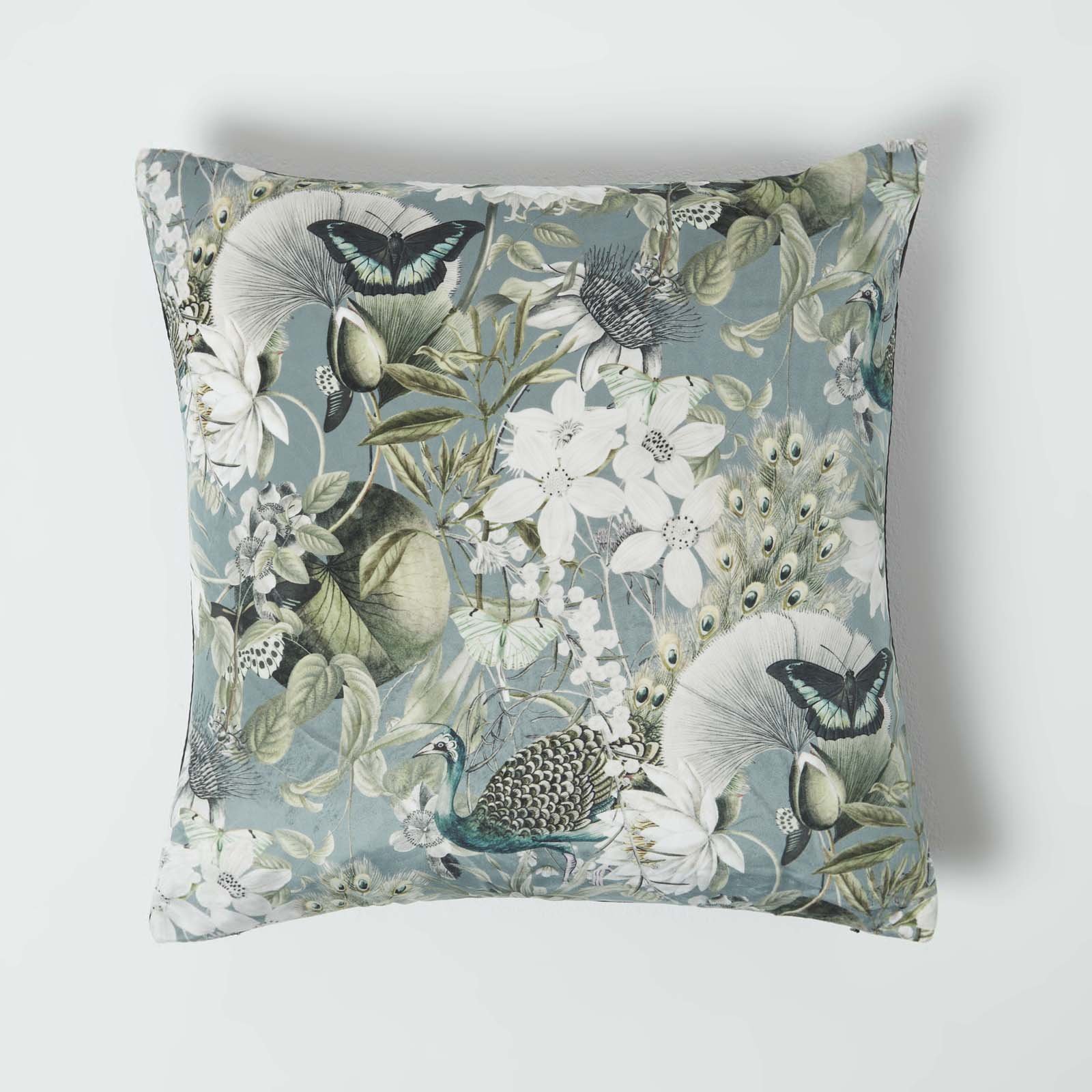 Homescapes Black Grey Floral Velvet Butterfly Garden Cushion - 46 x 46cm