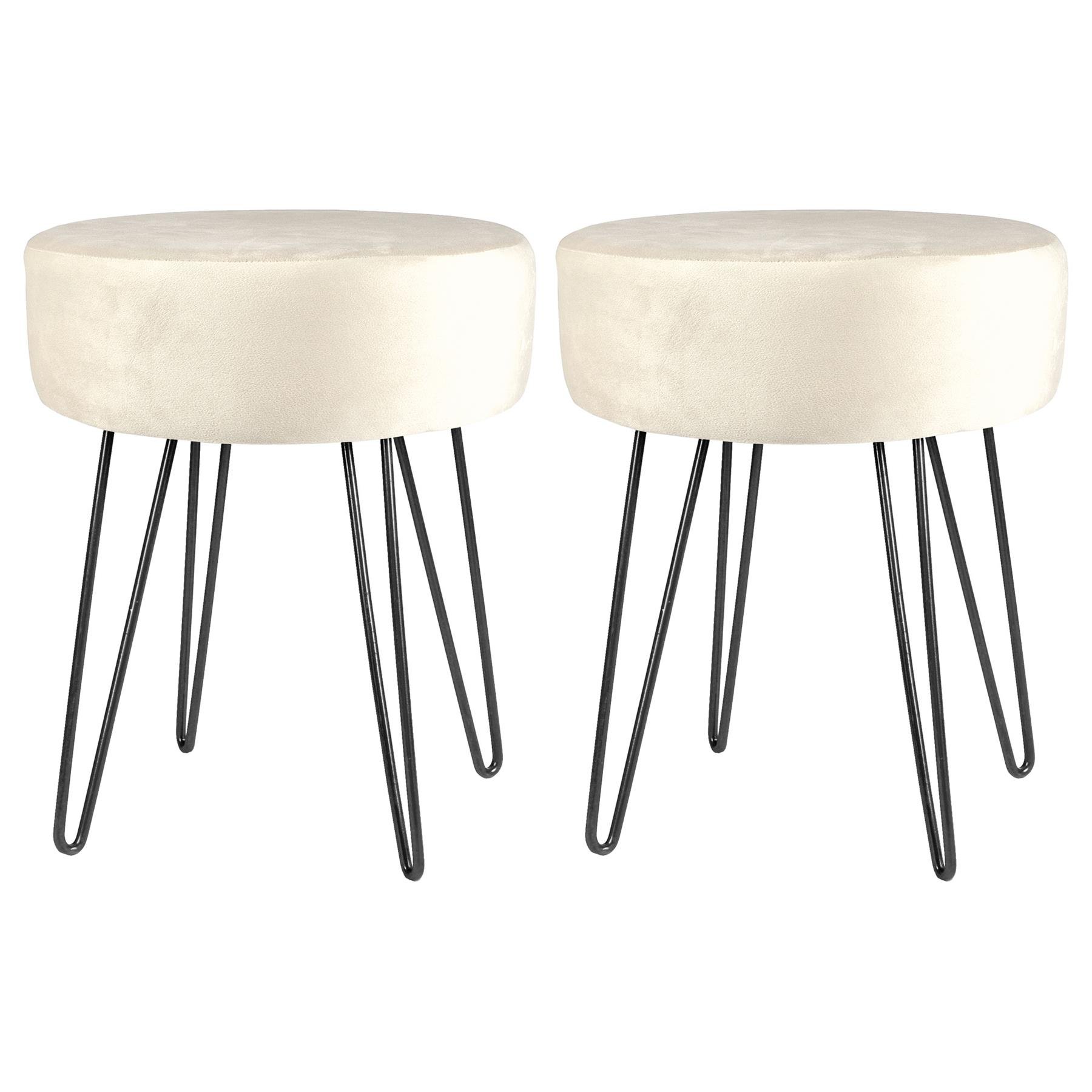 Harbour Housewares Round Velvet Footstool with Black Legs Pack of 2 - Cream