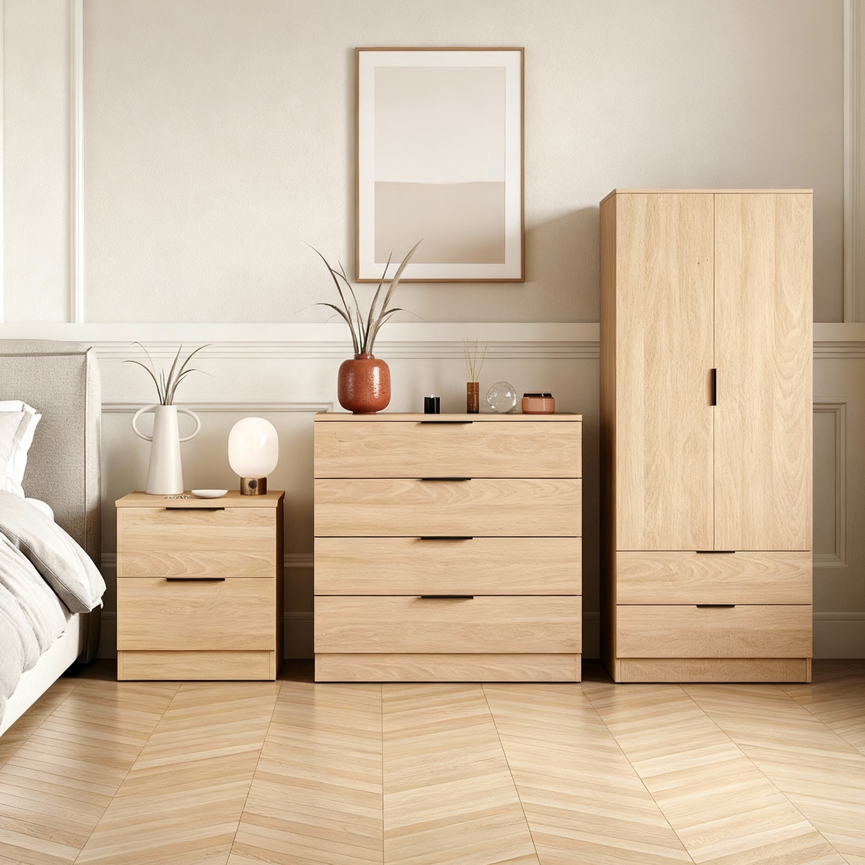 Vida Designs Trega Bedroom Set (Bedside, 4 Drawer Chest, 2x2 Wardrobe) - Pine