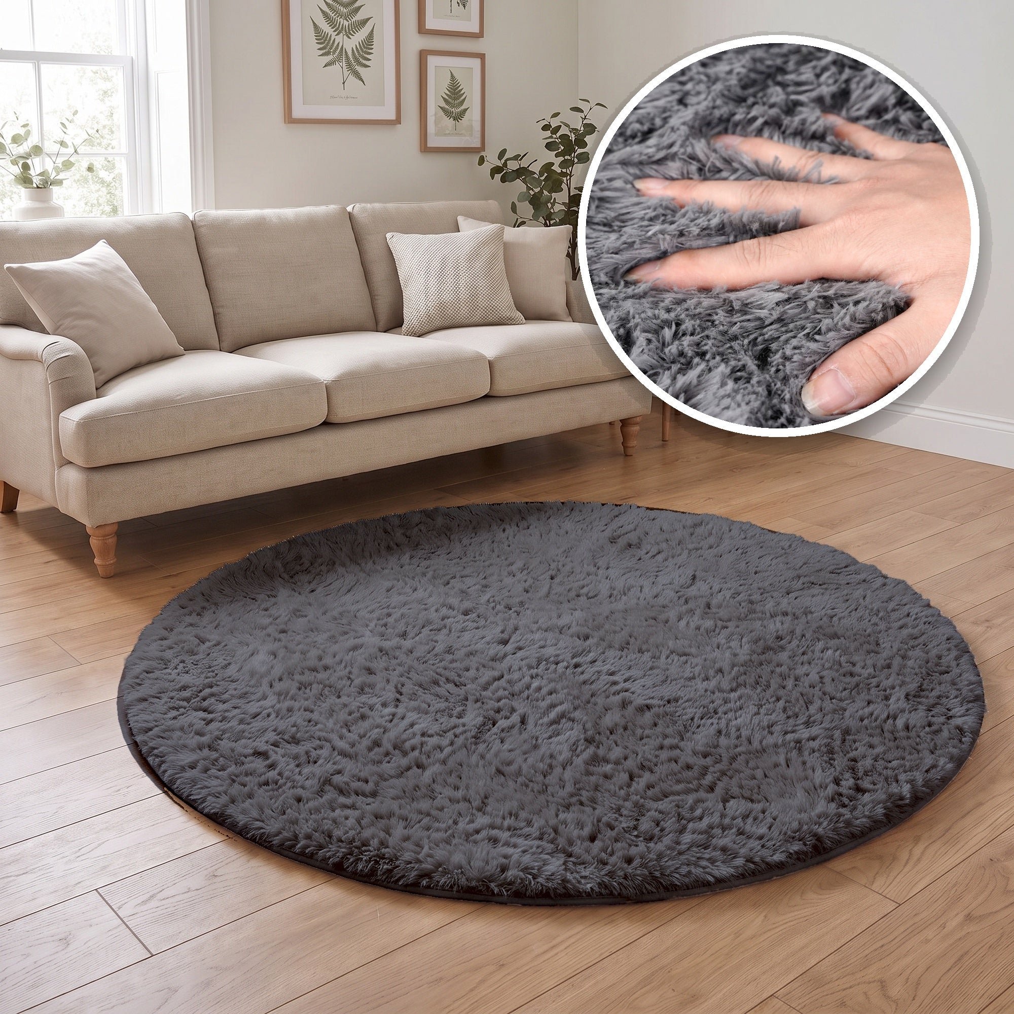 The Rugs Grey Lush Plain Washable Non Slip Shaggy Round Rug - 80cm