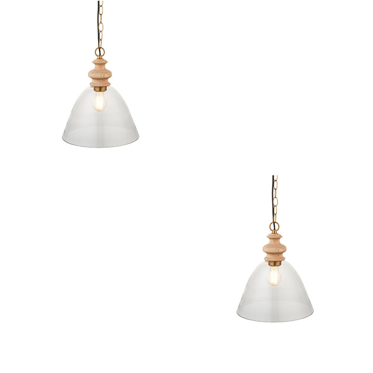 Loops Direct Set of 2 Ash Wood and Pendant Lights - Clear Glass