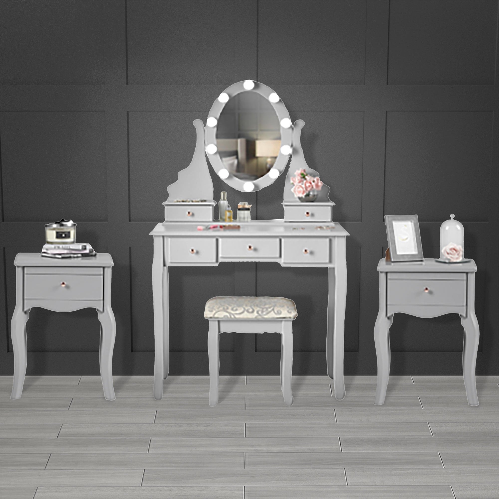 CARME Home Ruby Hollywood LED Dressing Table & Side Table - Grey