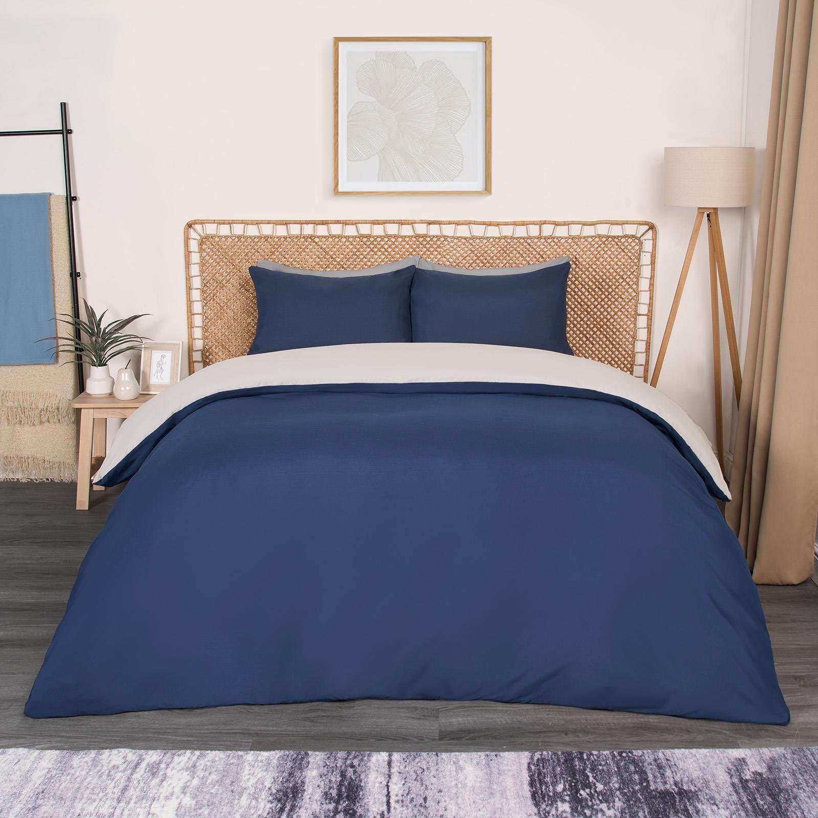 OHS Plain Dyed Reversible Duvet Cover Set Navy/Grey - Single