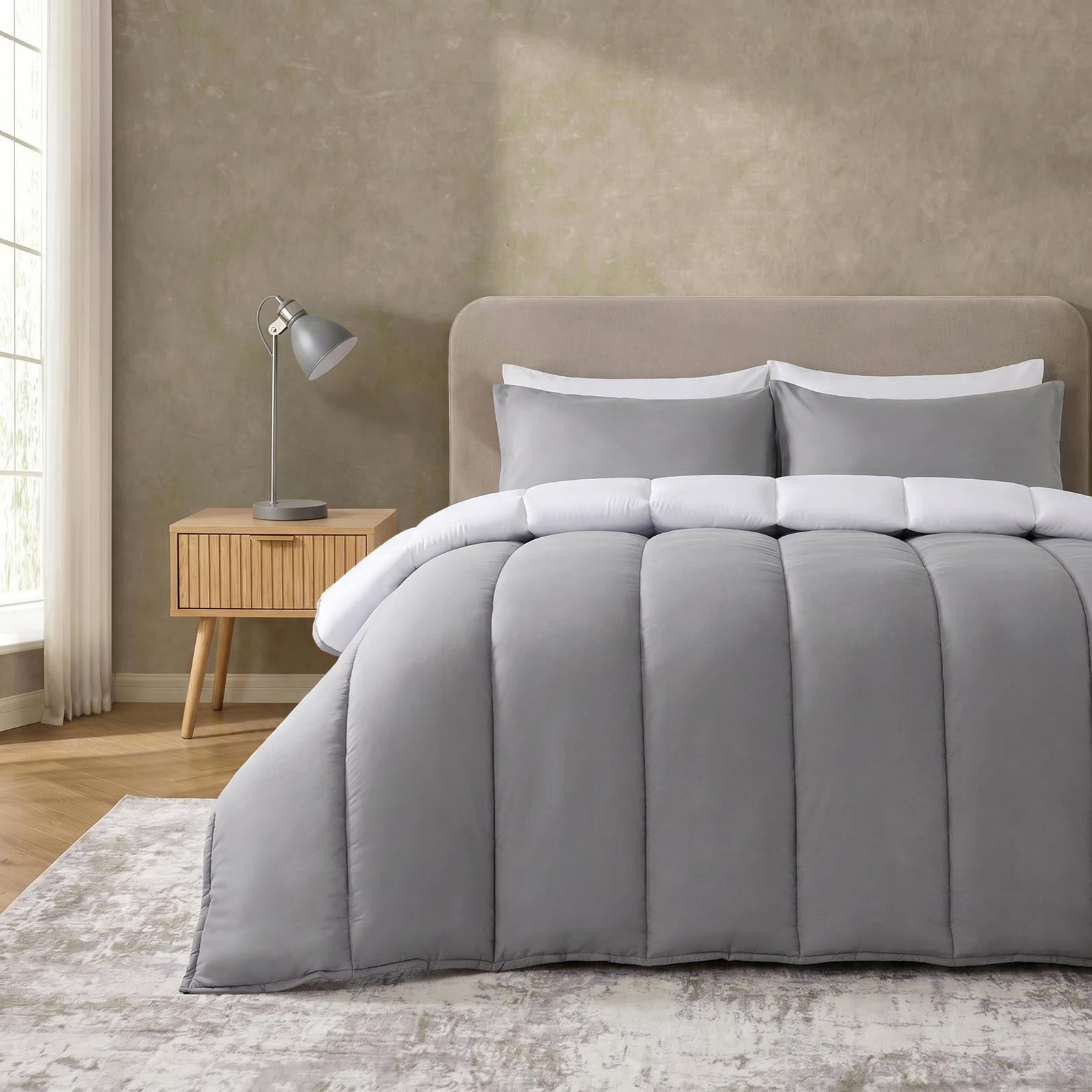 OHS Reversible 10.5 Tog Coverless Duvet Set Bedding - Grey/White - Double