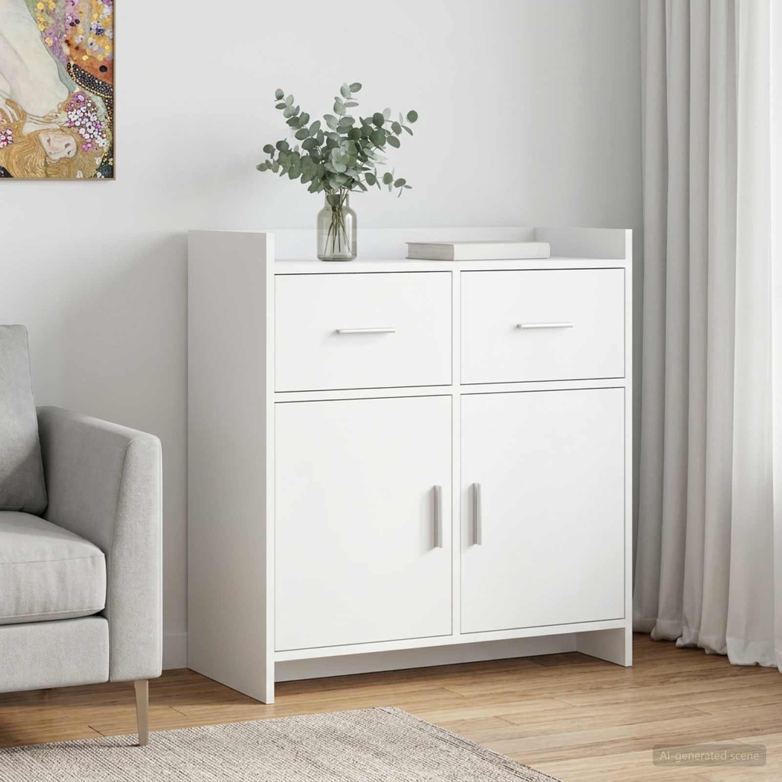 Walplus 2 Drawer Rectangular Engineered Wood Sideboard - White - 75 x 36 x 80 cm