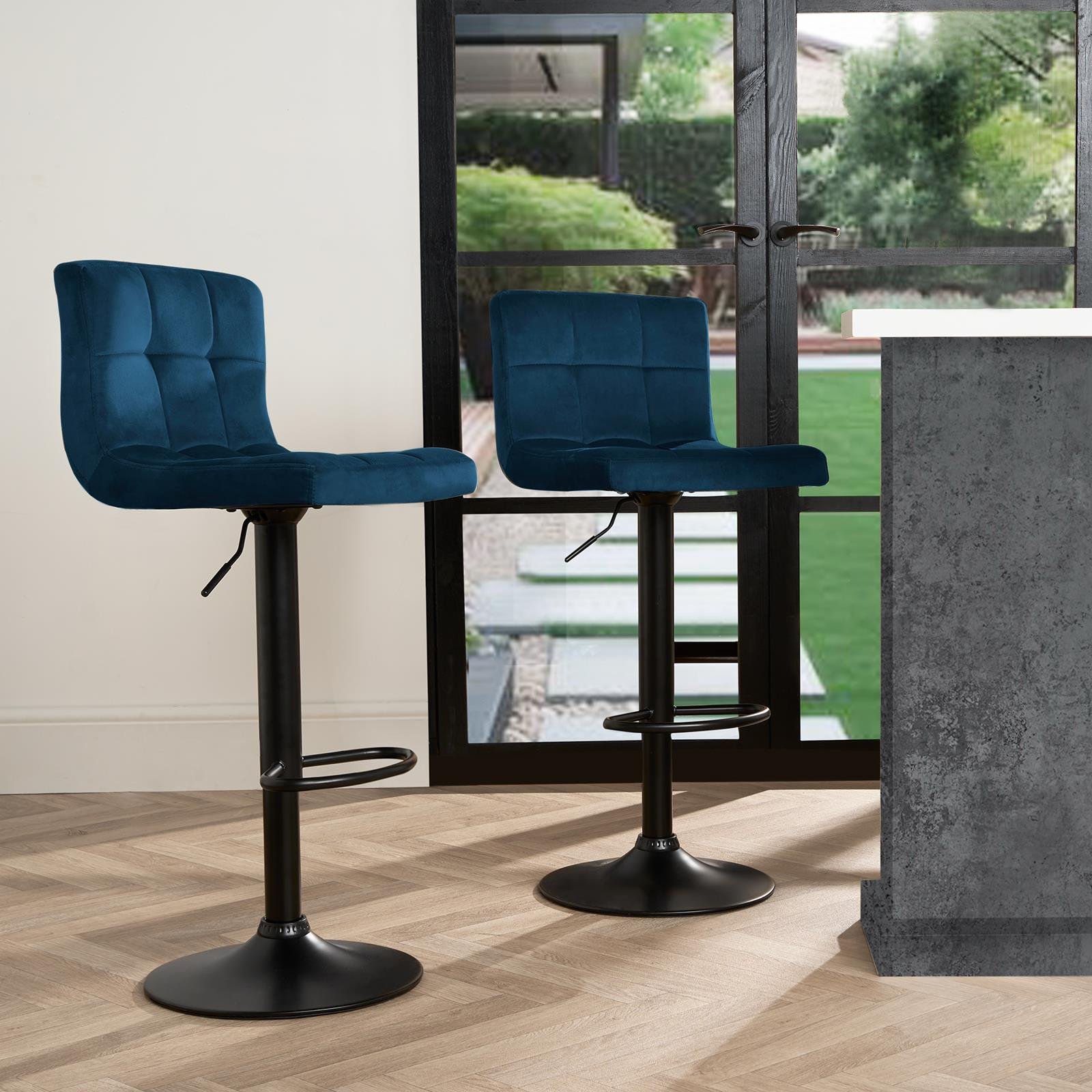OHS Set of 2 Adjustable Velvet Bar Stools - Navy