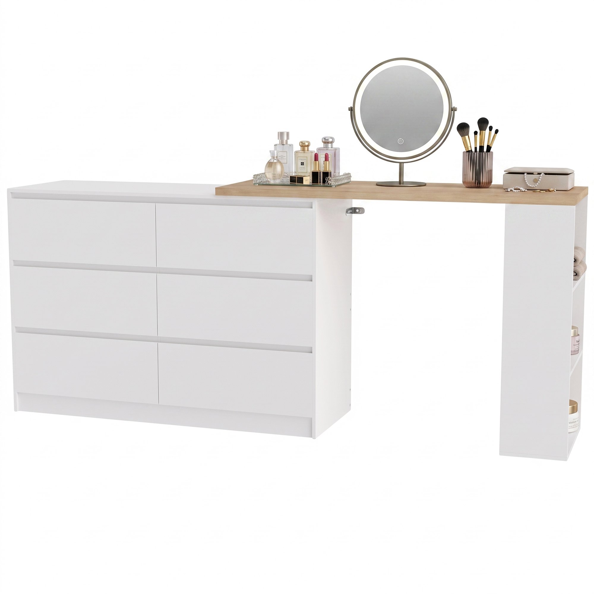 HOMCOM Dressing Table with 6 Drawers and 3-Tier Shelf - White