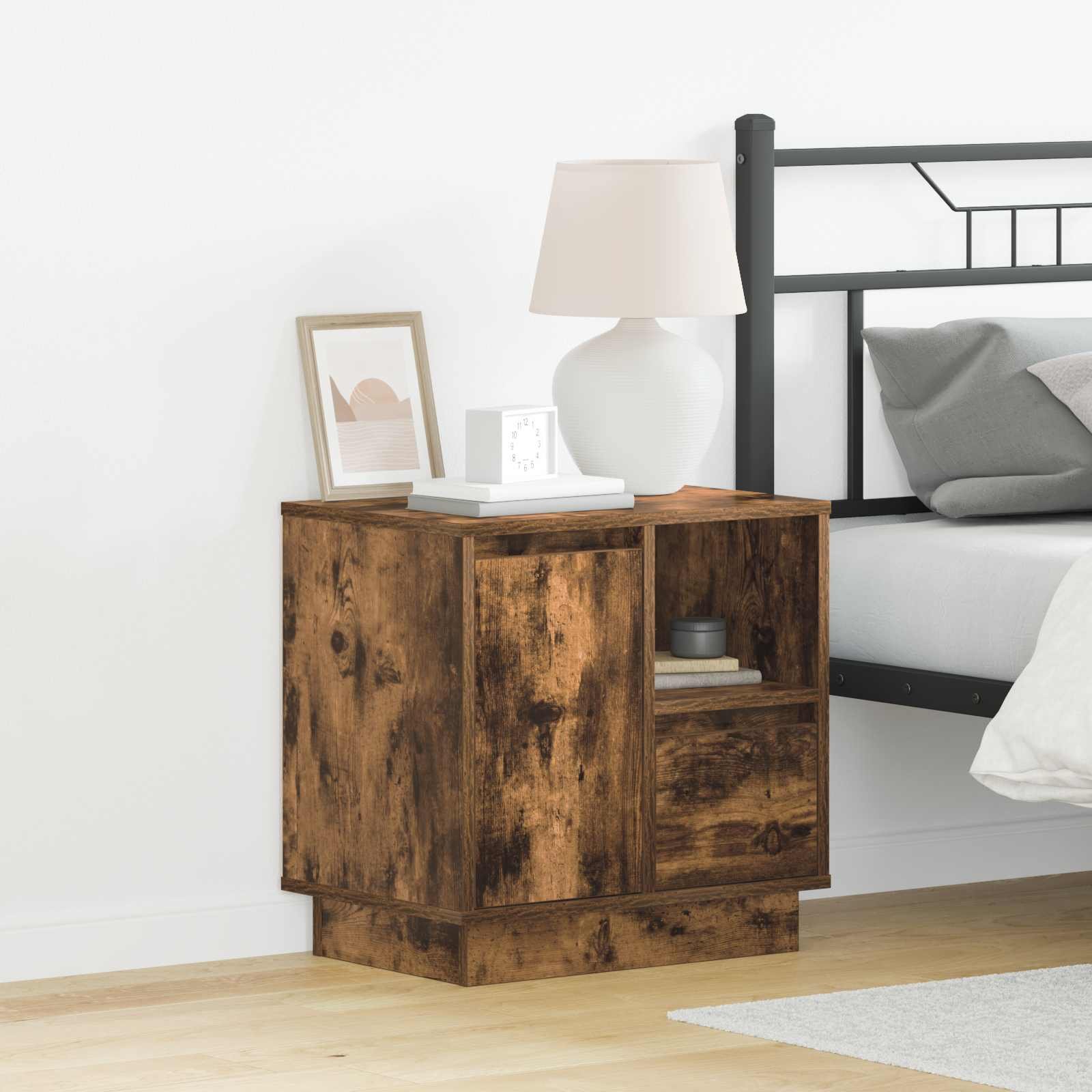 Walplus 1 Drawer Bedside Cabinet - Smoked Oak - 50 x 34.5 x 50 cm