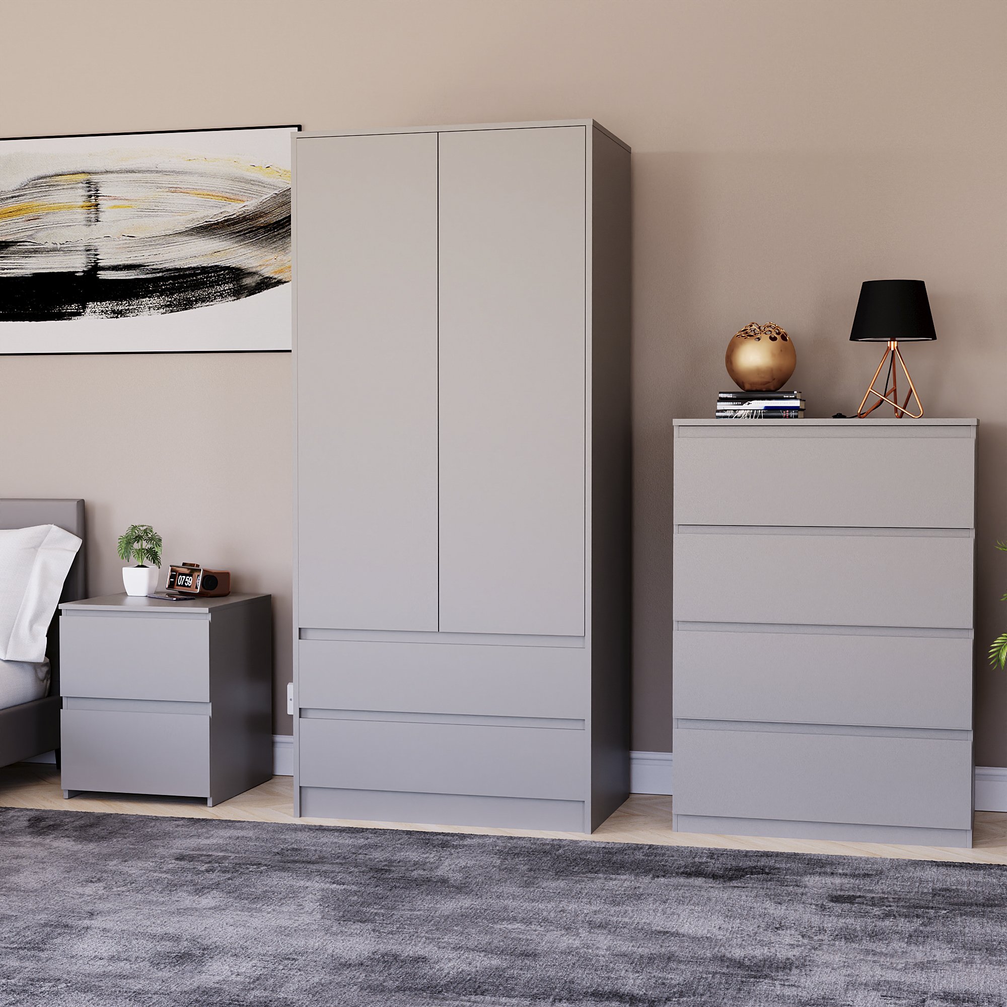 Vida Designs Denver Bedroom Set (Bedside, 4 Drawer Chest, 2x2 Wardrobe) - Grey