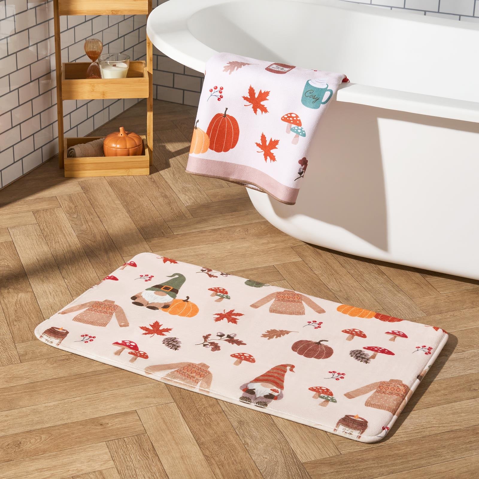 OHS Autumnal Gonk Printed Foam Bath Mat - 45 x 75cm - Natural