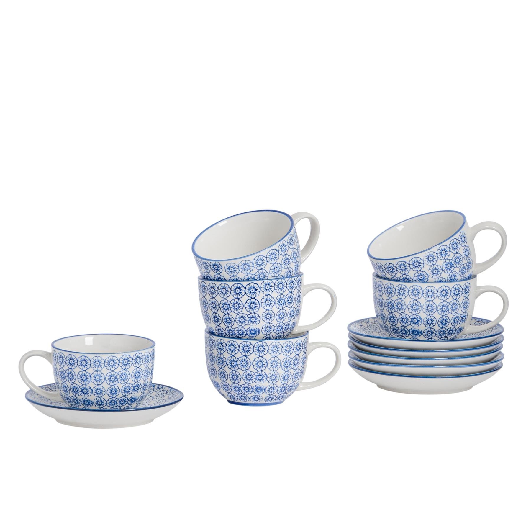 Nicola Spring 12 Piece Hand-Printed Cappuccino Cup & Saucer Set - 250ml - Navy